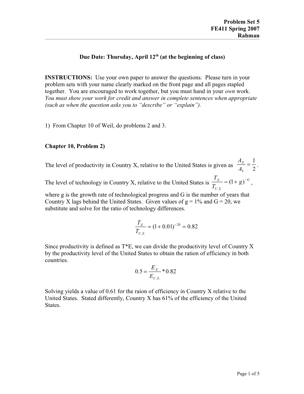 Due Date: Thursday, September 8Th (At the Beginning of Class)