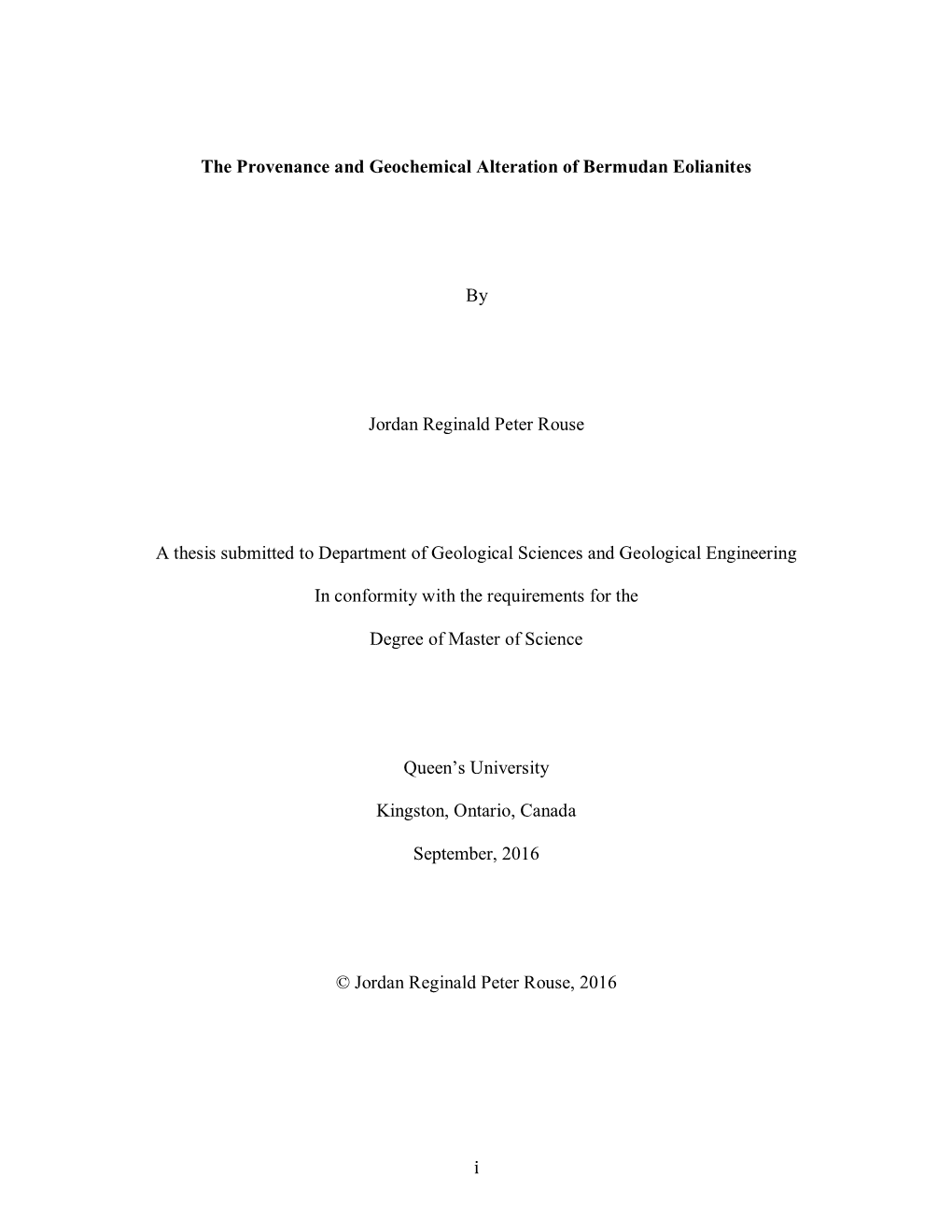 I the Provenance and Geochemical Alteration of Bermudan Eolianites