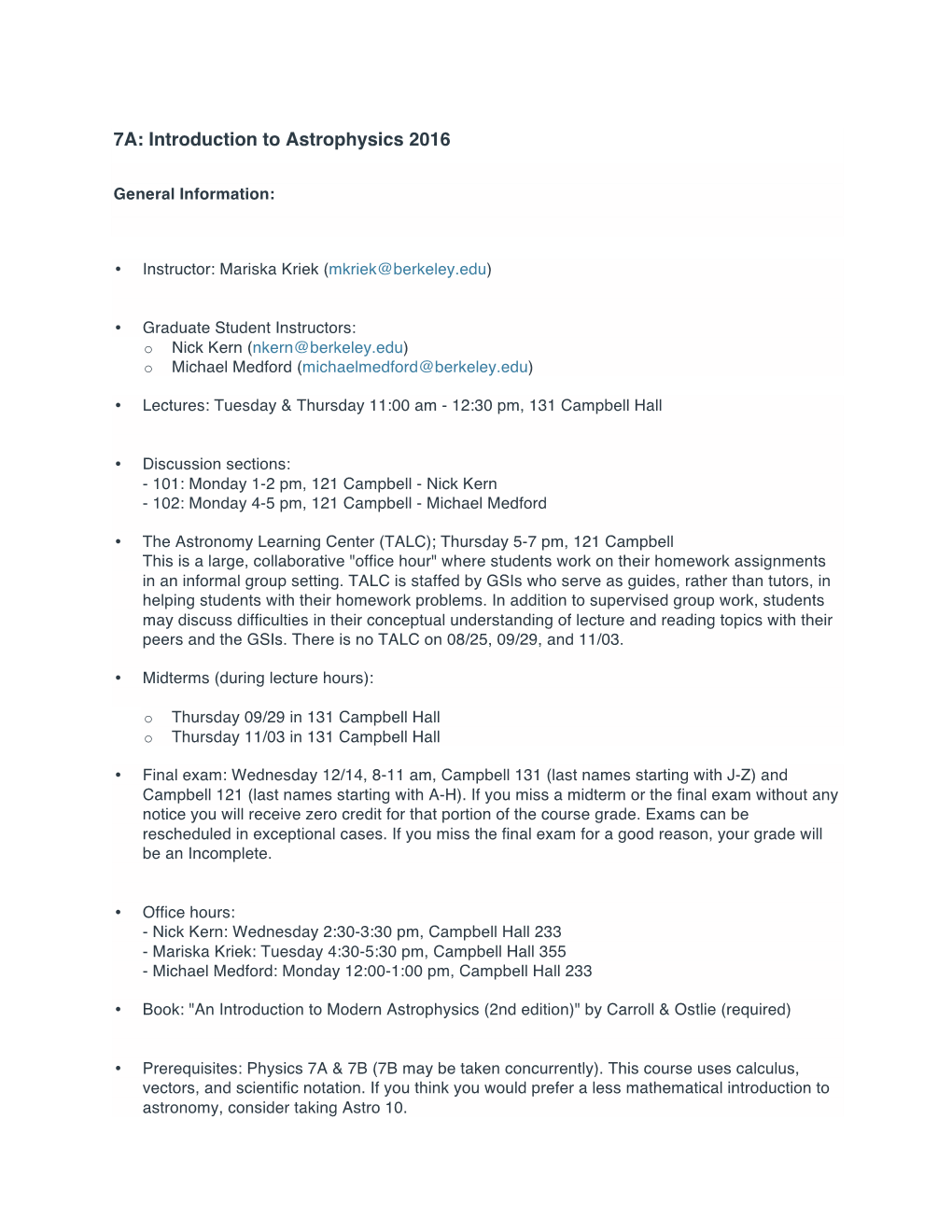 7A: Introduction to Astrophysics 2016