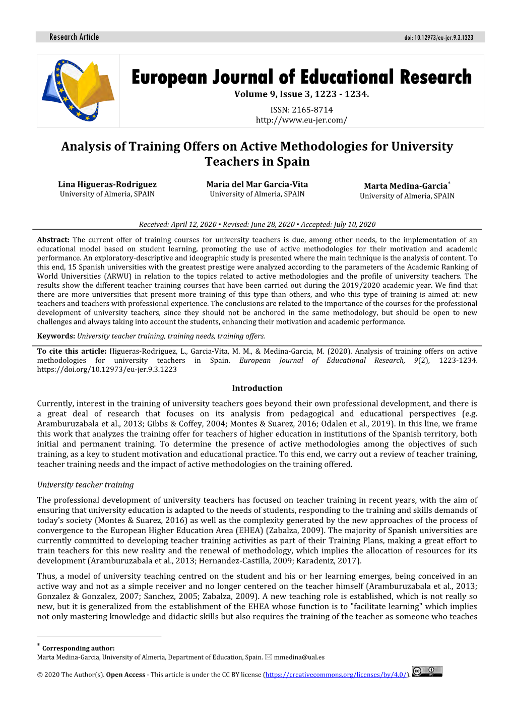 Analysis of Training Offers on Active Methodologies for University Teachers in Spain. European Journal of Educational Research, 9(2), 1223-1234