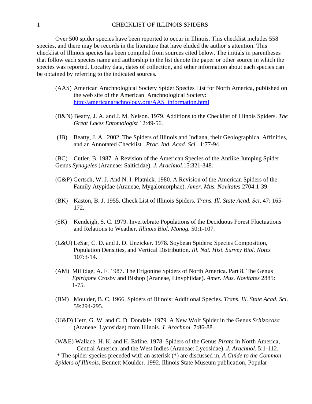 1 CHECKLIST of ILLINOIS SPIDERS Over 500 Spider Species Have Been