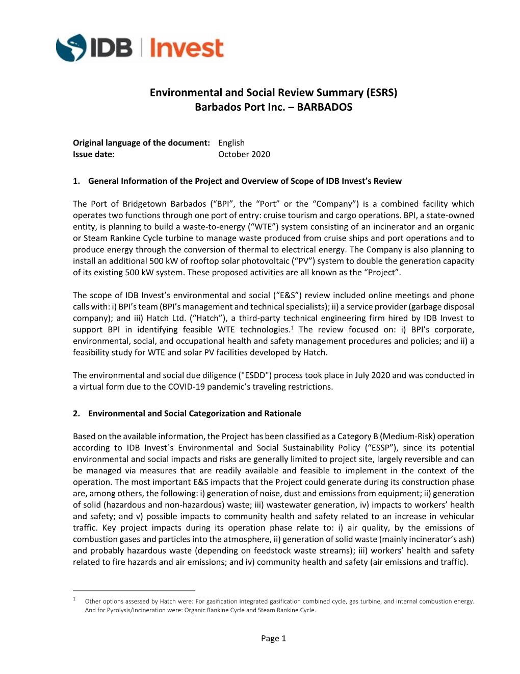 Environmental and Social Review Summary (ESRS) Barbados Port Inc