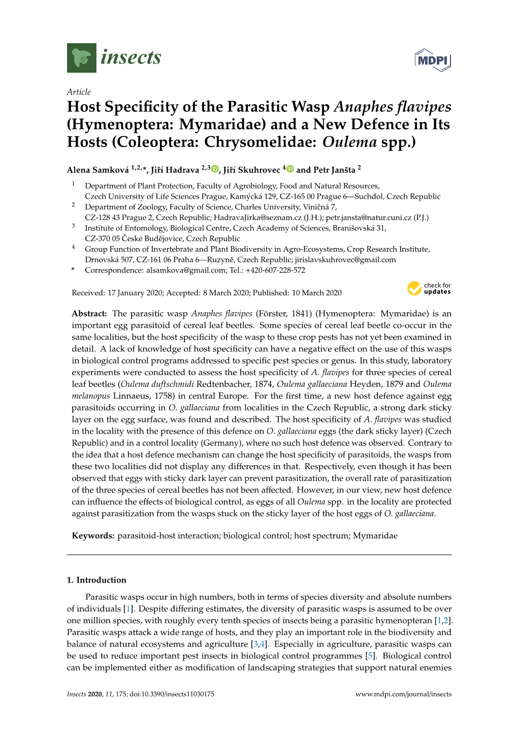 Host Specificity of the Parasitic Wasp Anaphes Flavipes