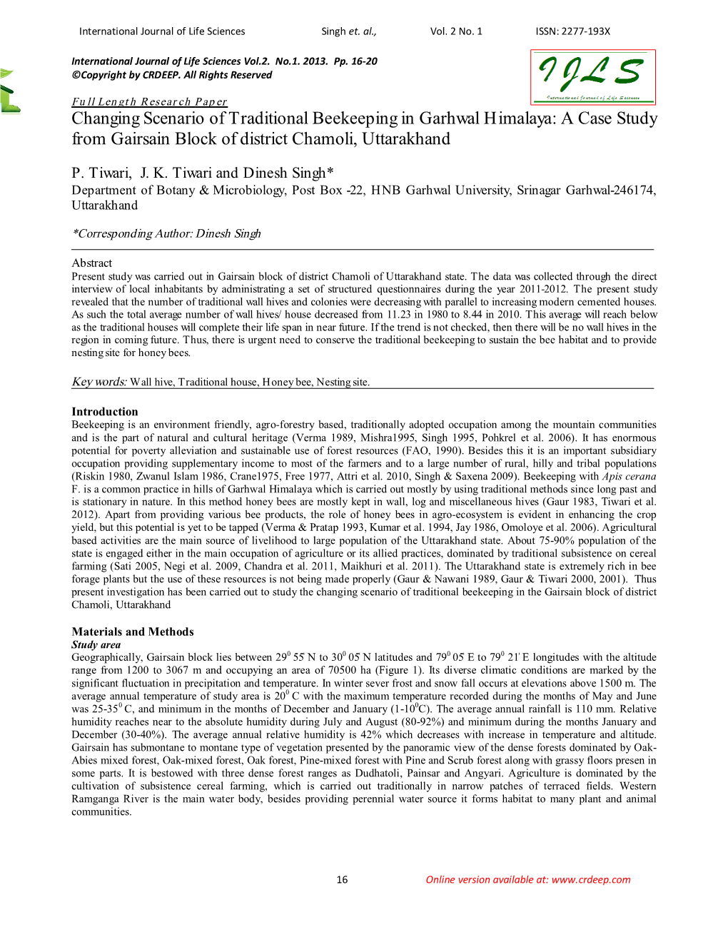 Changing Scenario of Traditional Beekeeping in Garhwal Himalaya: a Case Study from Gairsain Block of District Chamoli, Uttarakhand