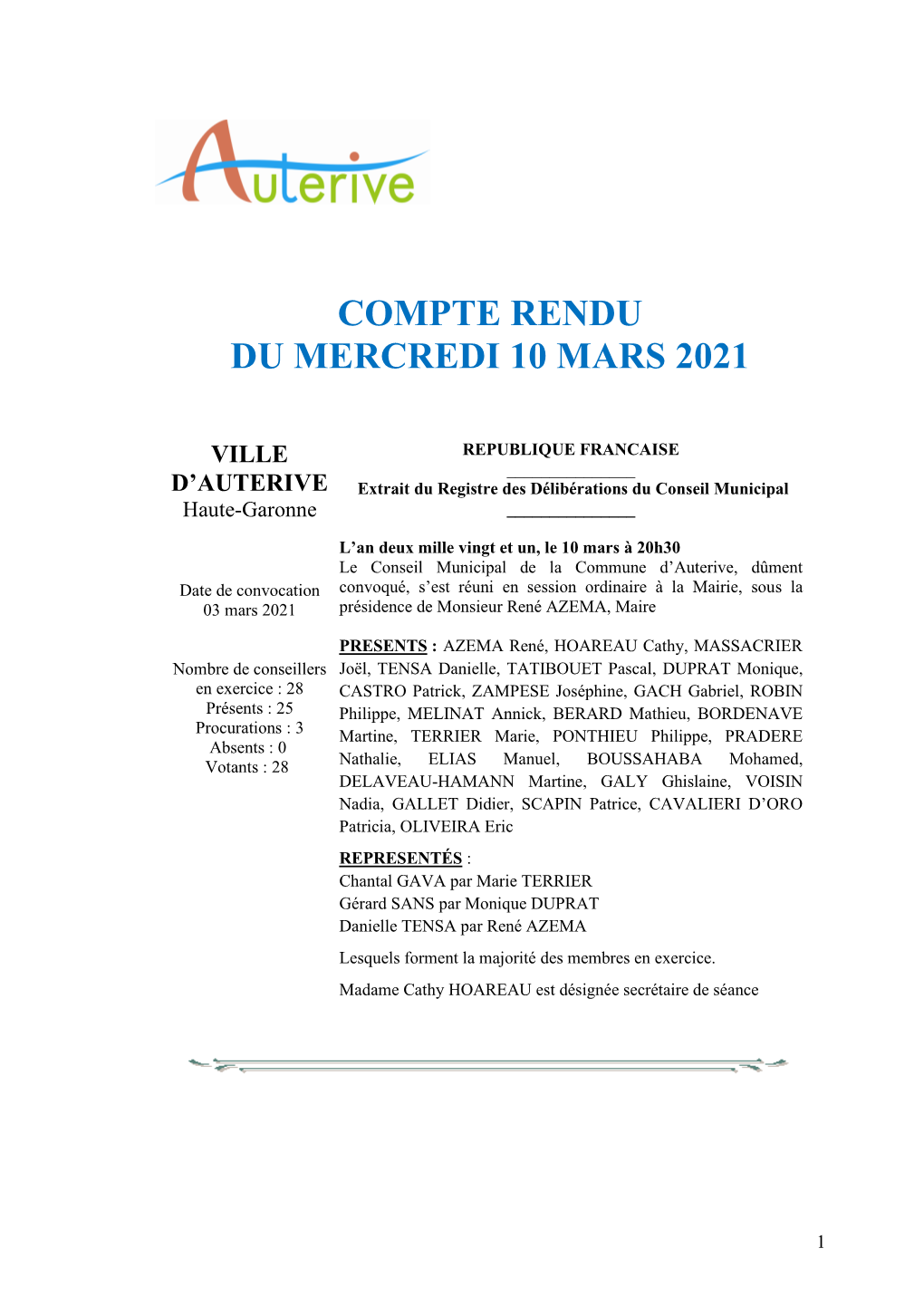 Compte Rendu Du Conseil Municipal Du 10 Mars 2021