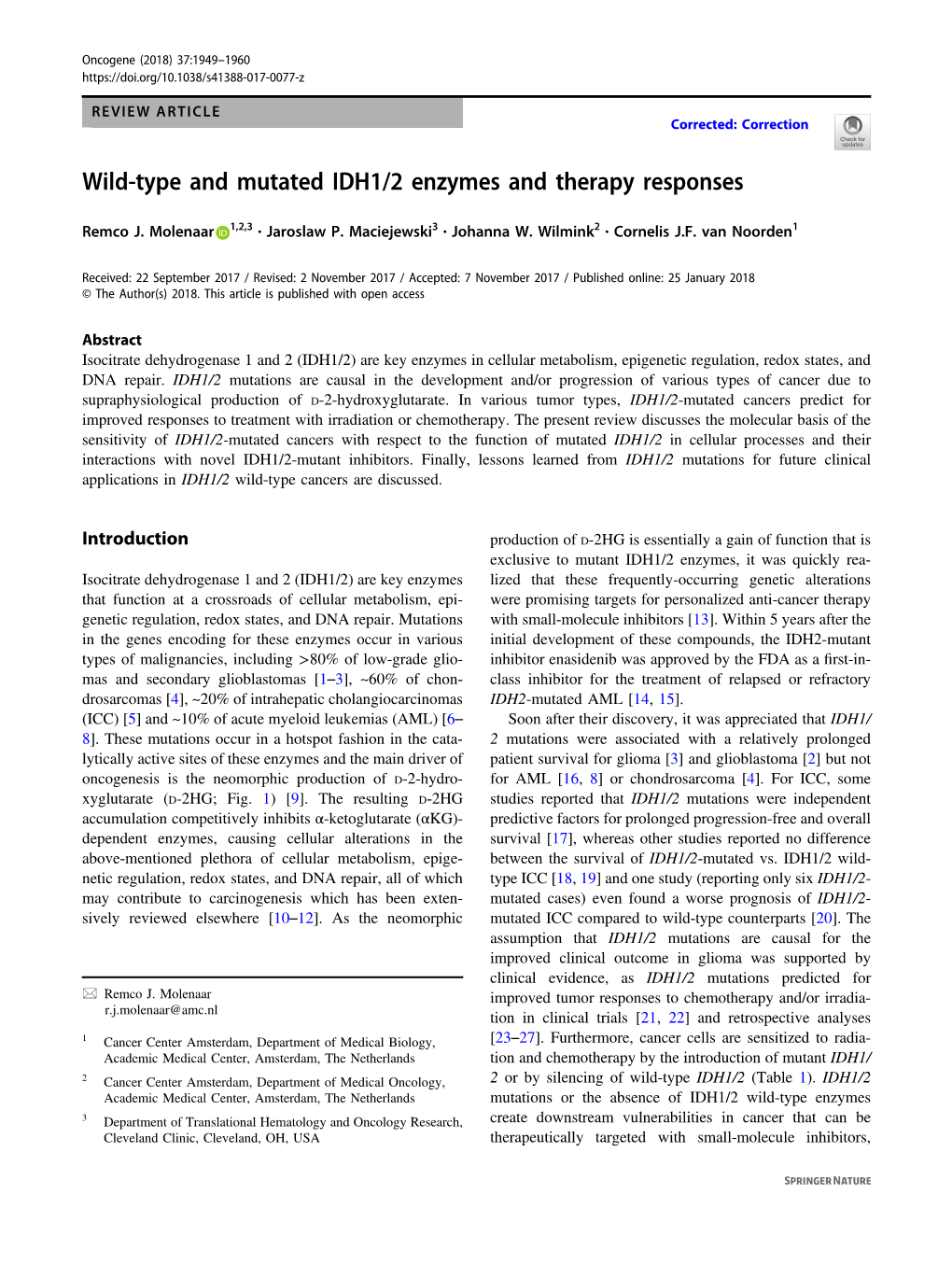 Wild-Type and Mutated IDH1/2 Enzymes and Therapy Responses