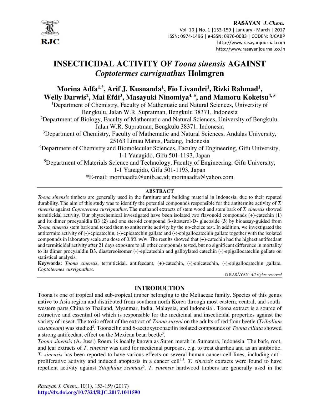 INSECTICIDAL ACTIVITY of Toona Sinensis AGAINST Coptotermes Curvignathus Holmgren