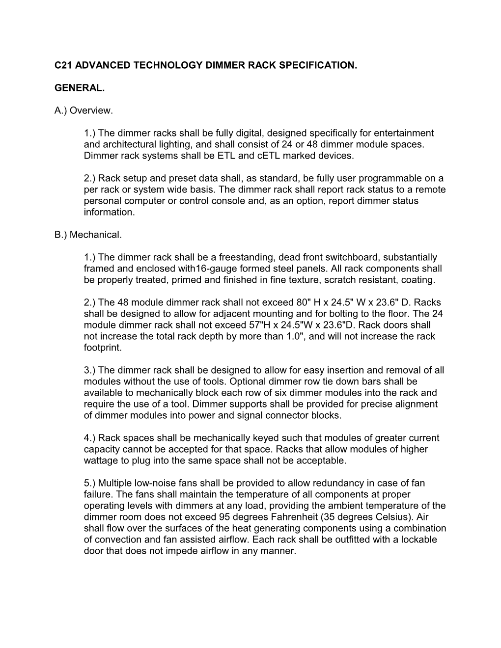 C21 Advanced Technology Dimmer Rack Specification