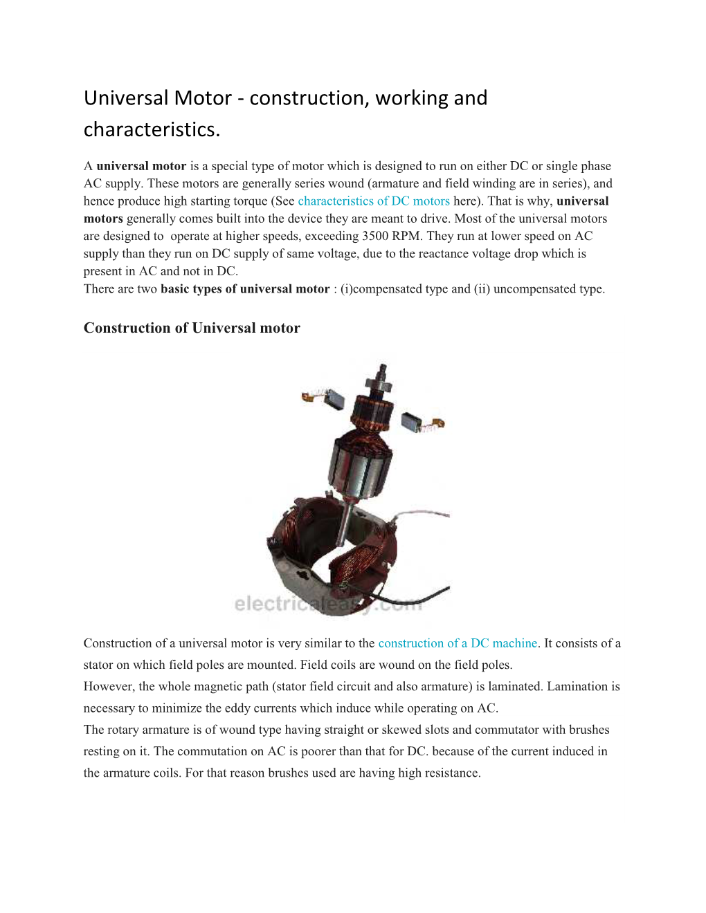 Universal Motor - Construction, Working and Characteristics