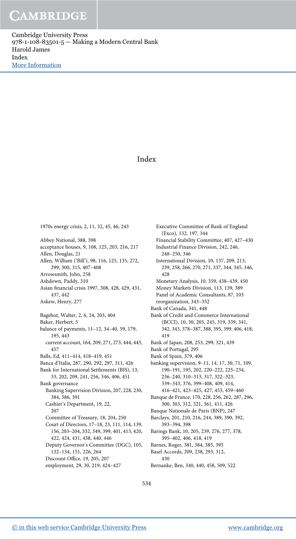 Making a Modern Central Bank Harold James Index More Information