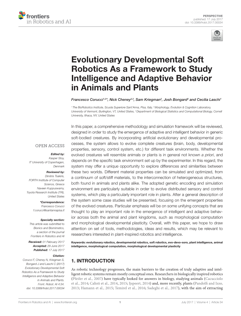 Evolutionary Developmental Soft Robotics As a Framework to Study Intelligence and Adaptive Behavior in Animals and Plants