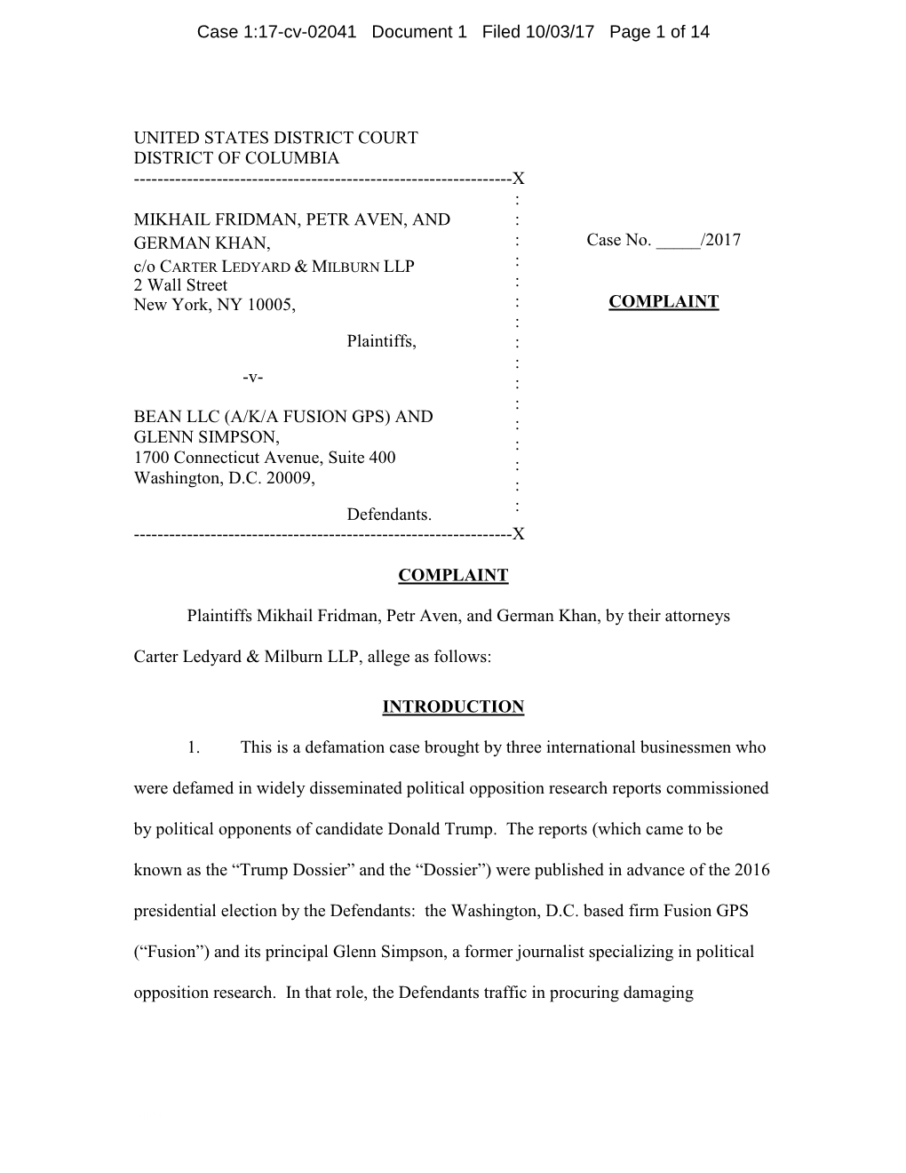 Case 1:17-Cv-02041 Document 1 Filed 10/03/17 Page 1 of 14