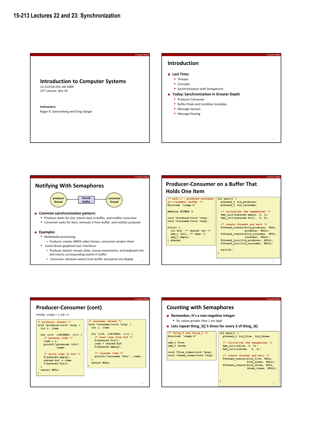 15-213 Lectures 22 and 23: Synchronization