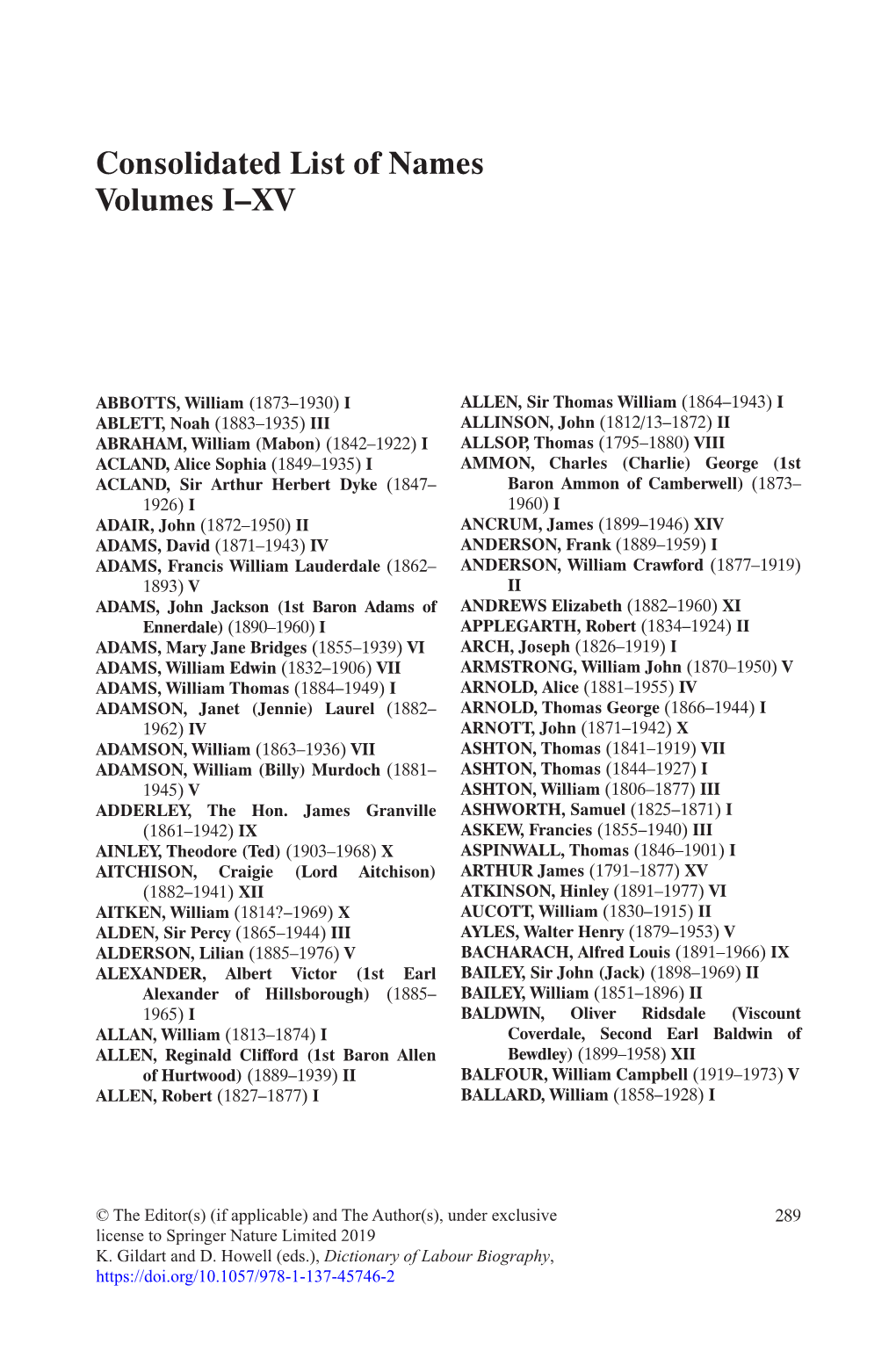 Consolidated List of Names Volumes I–XV