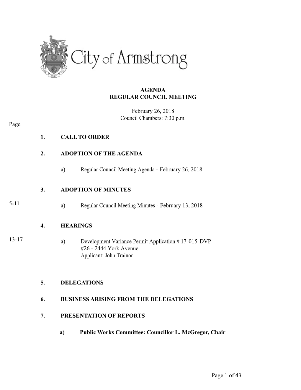 AGENDA REGULAR COUNCIL MEETING February 26, 2018