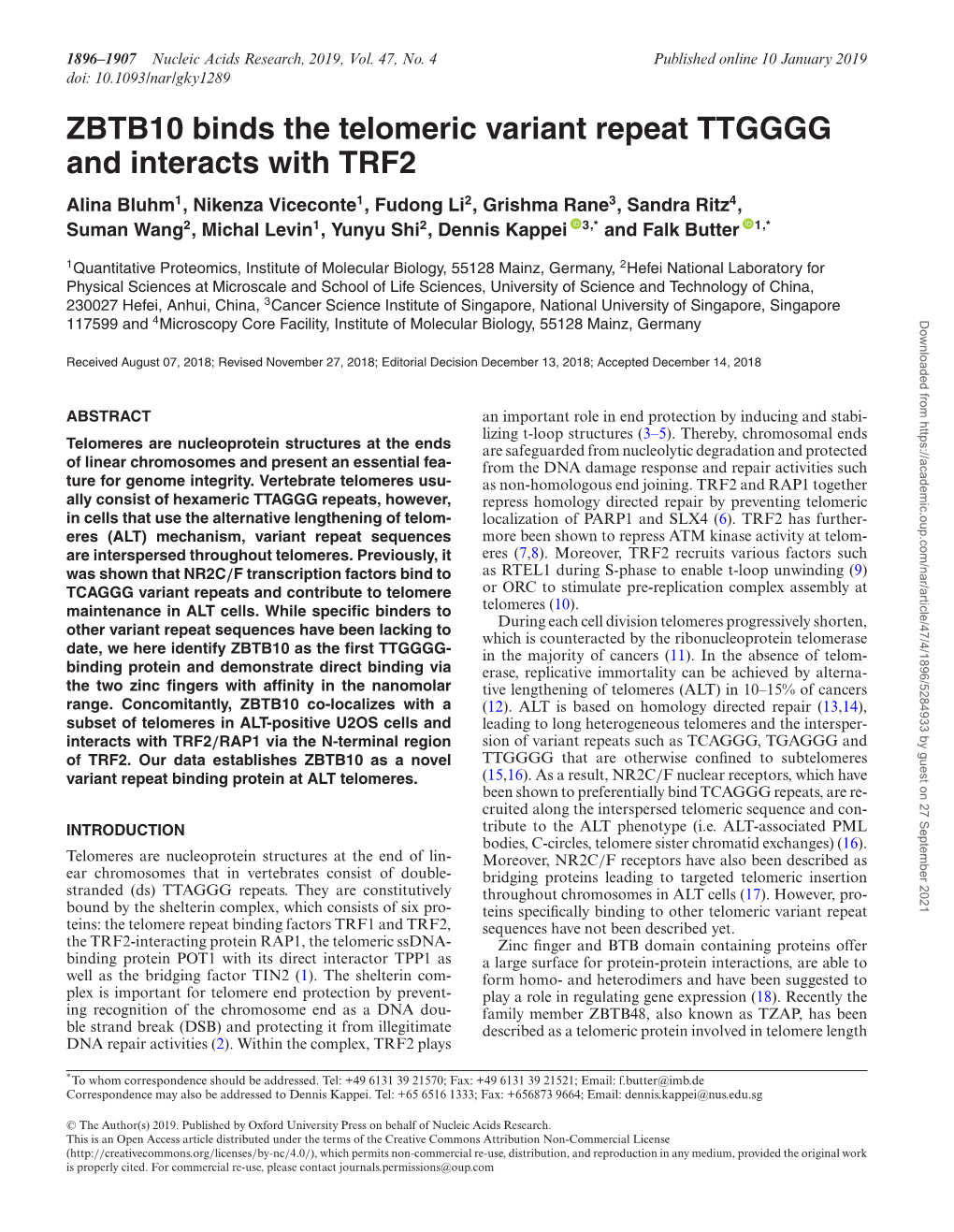 ZBTB10 Binds the Telomeric Variant Repeat TTGGGG and Interacts with TRF2