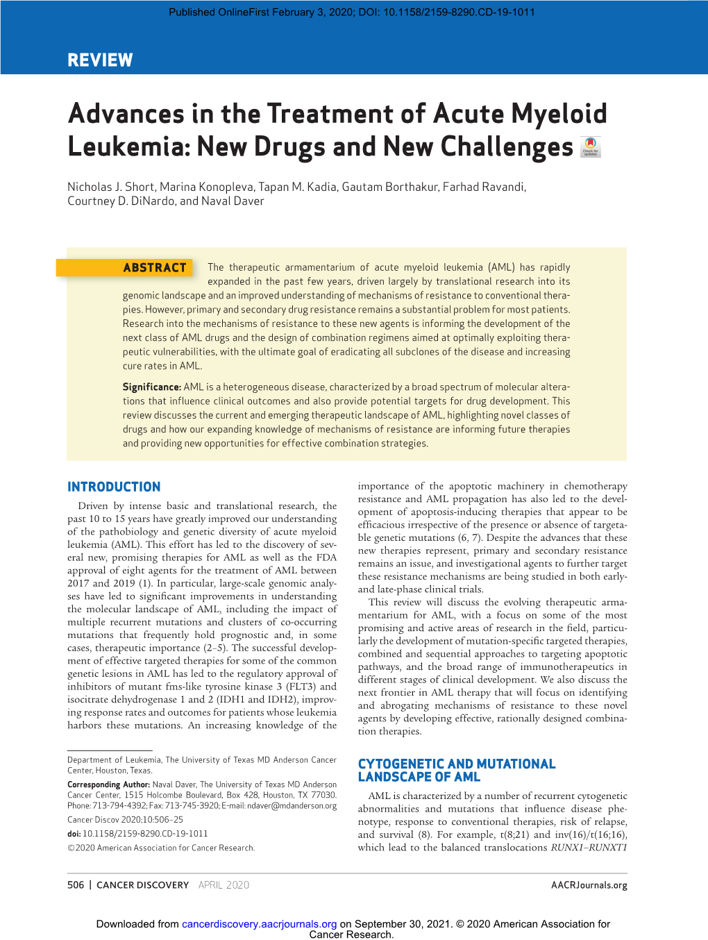 Advances in the Treatment of Acute Myeloid Leukemia: New Drugs and New Challenges