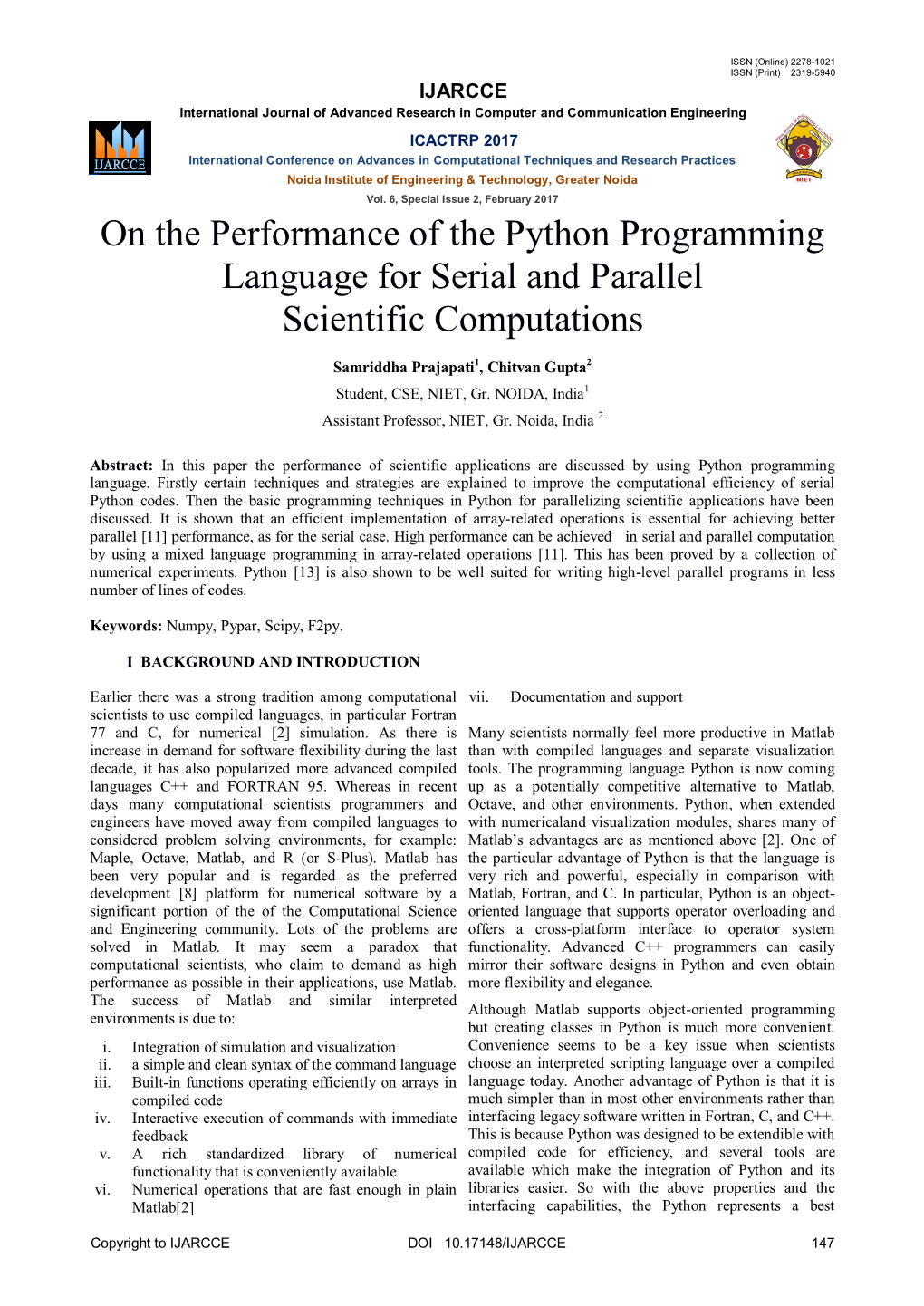 On the Performance of the Python Programming Language for Serial and Parallel Scientific Computations