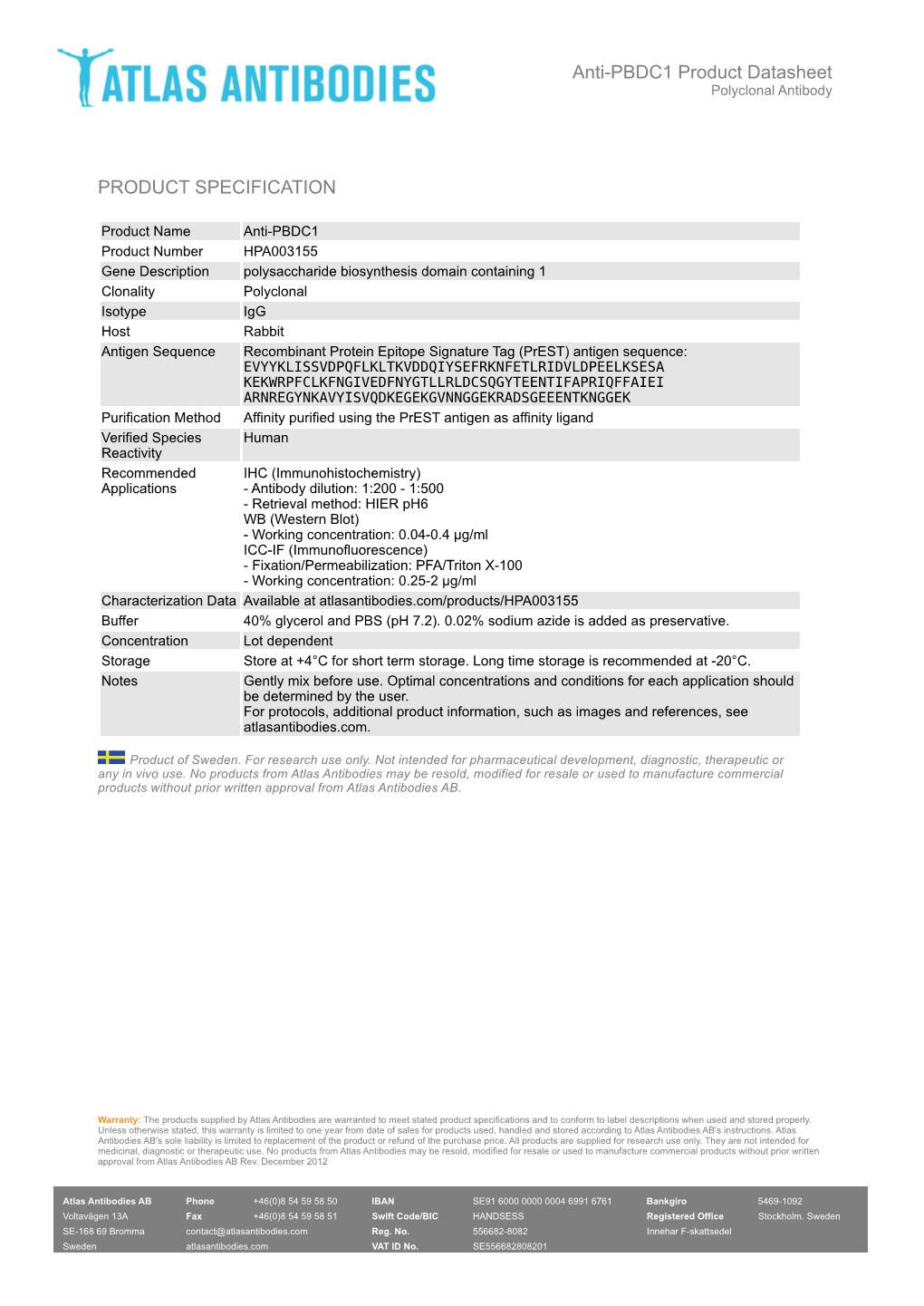 PRODUCT SPECIFICATION Anti-PBDC1 Product