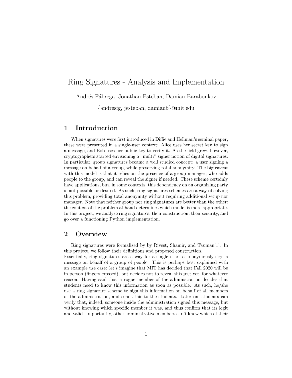 Ring Signatures - Analysis and Implementation