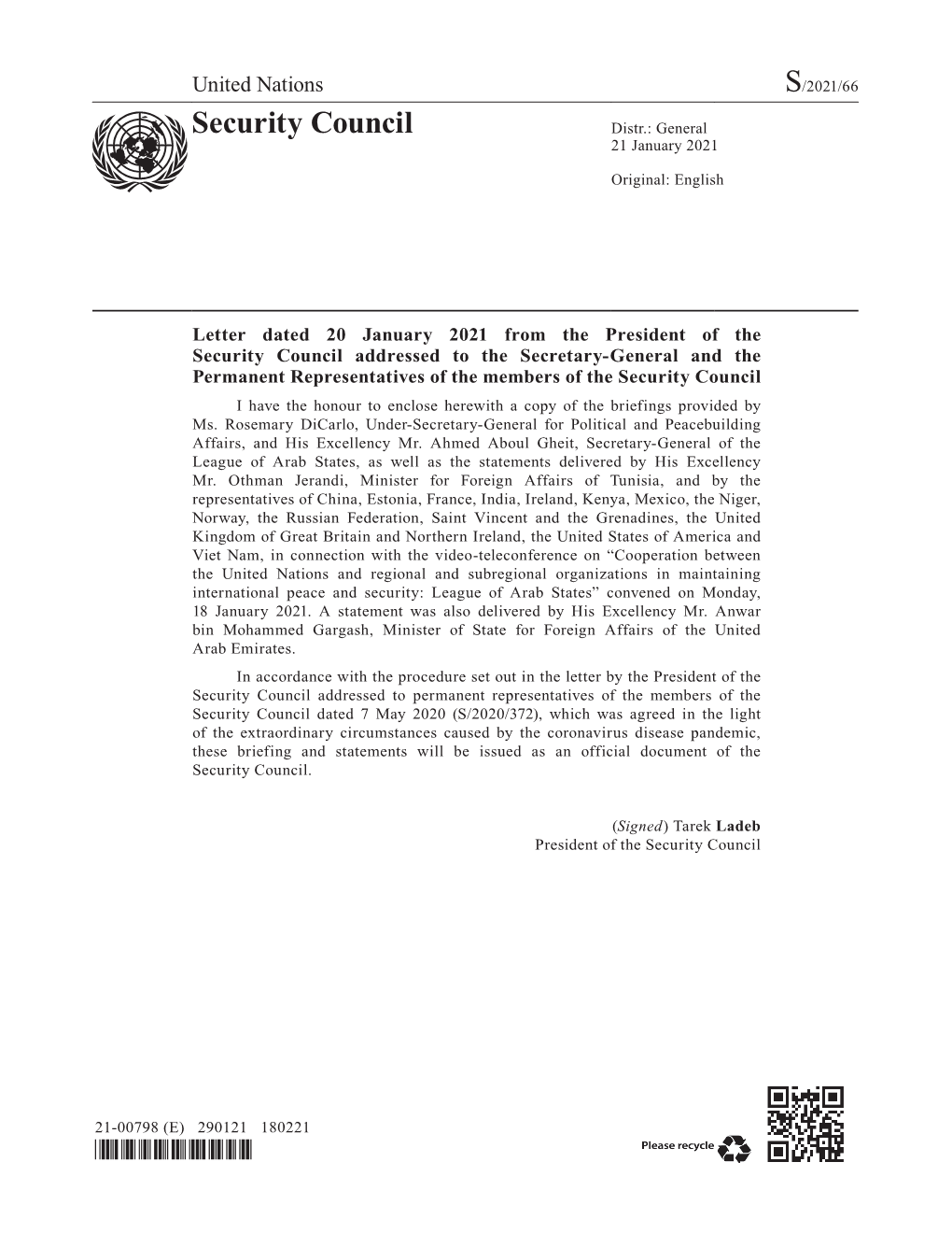 Letter Dated 20 January 2021 from the President of the Security Council