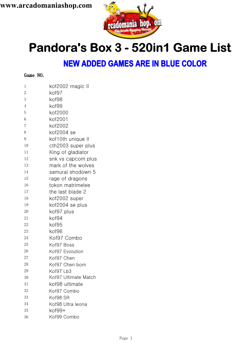 Pandora's Box 3 - 520In1 Game List NEW ADDED GAMES ARE in BLUE COLOR Game NO
