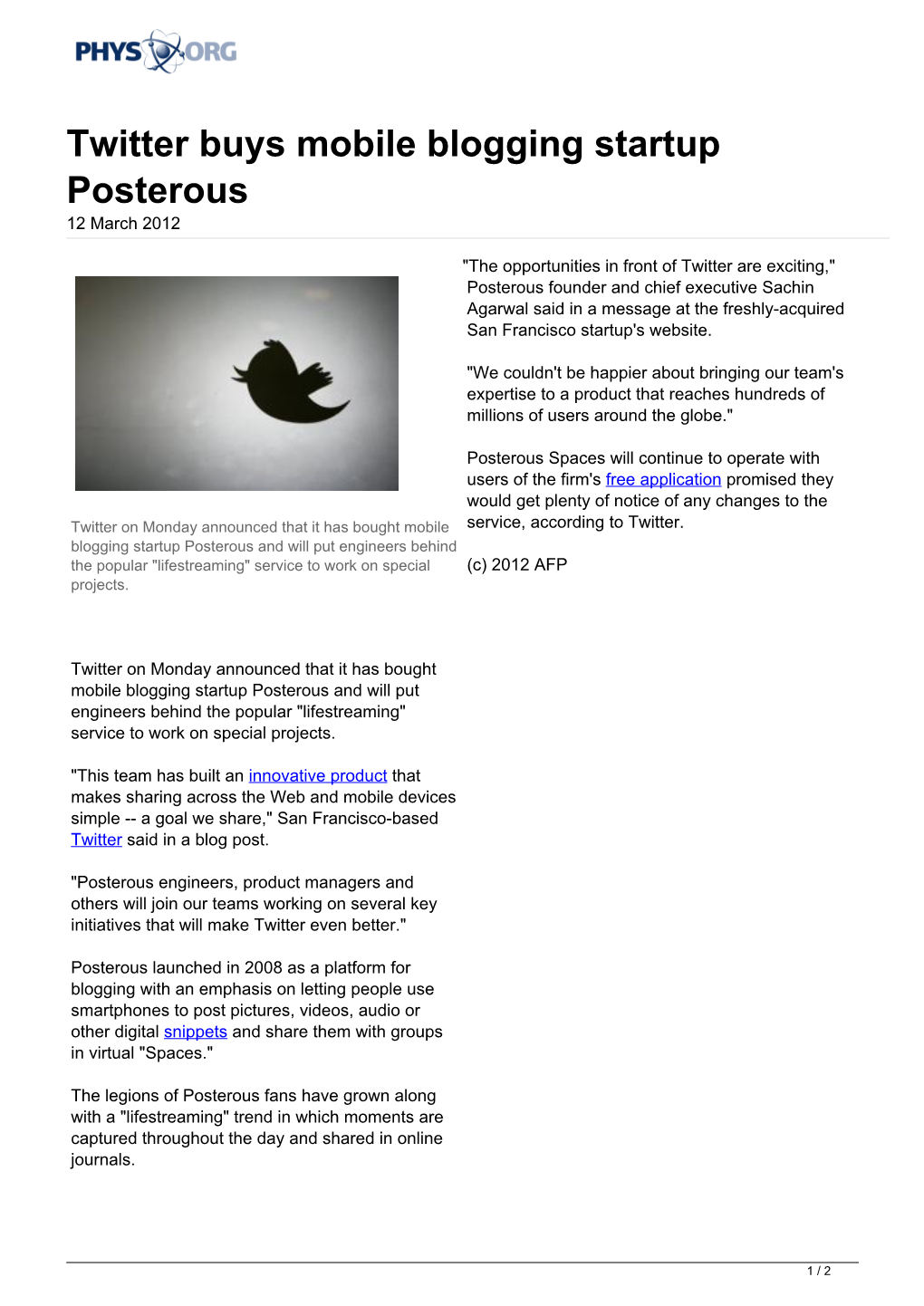 Twitter Buys Mobile Blogging Startup Posterous 12 March 2012