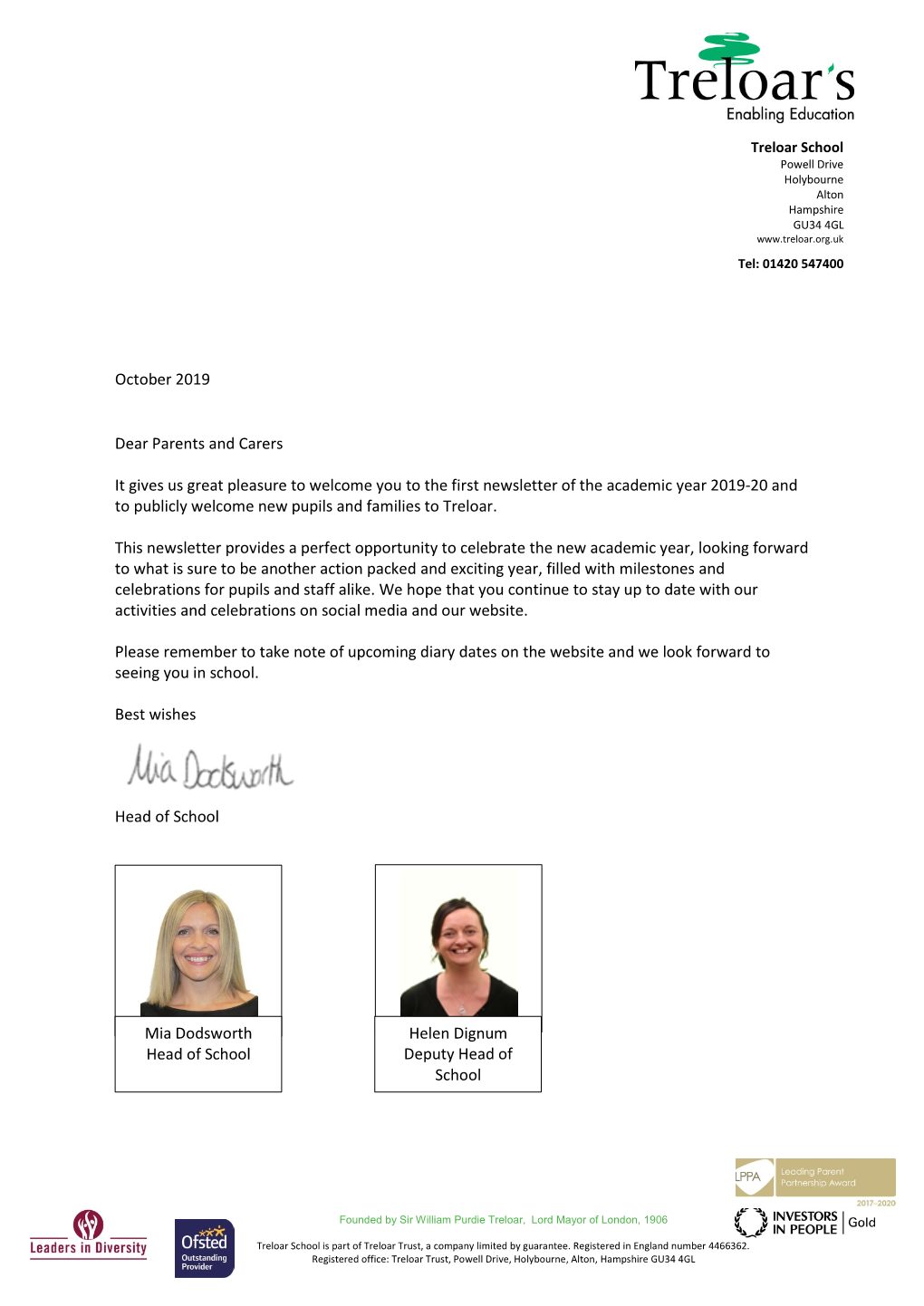 October 2019 Dear Parents and Carers It Gives Us Great Pleasure to Welcome You to the First Newsletter of the Academic Year