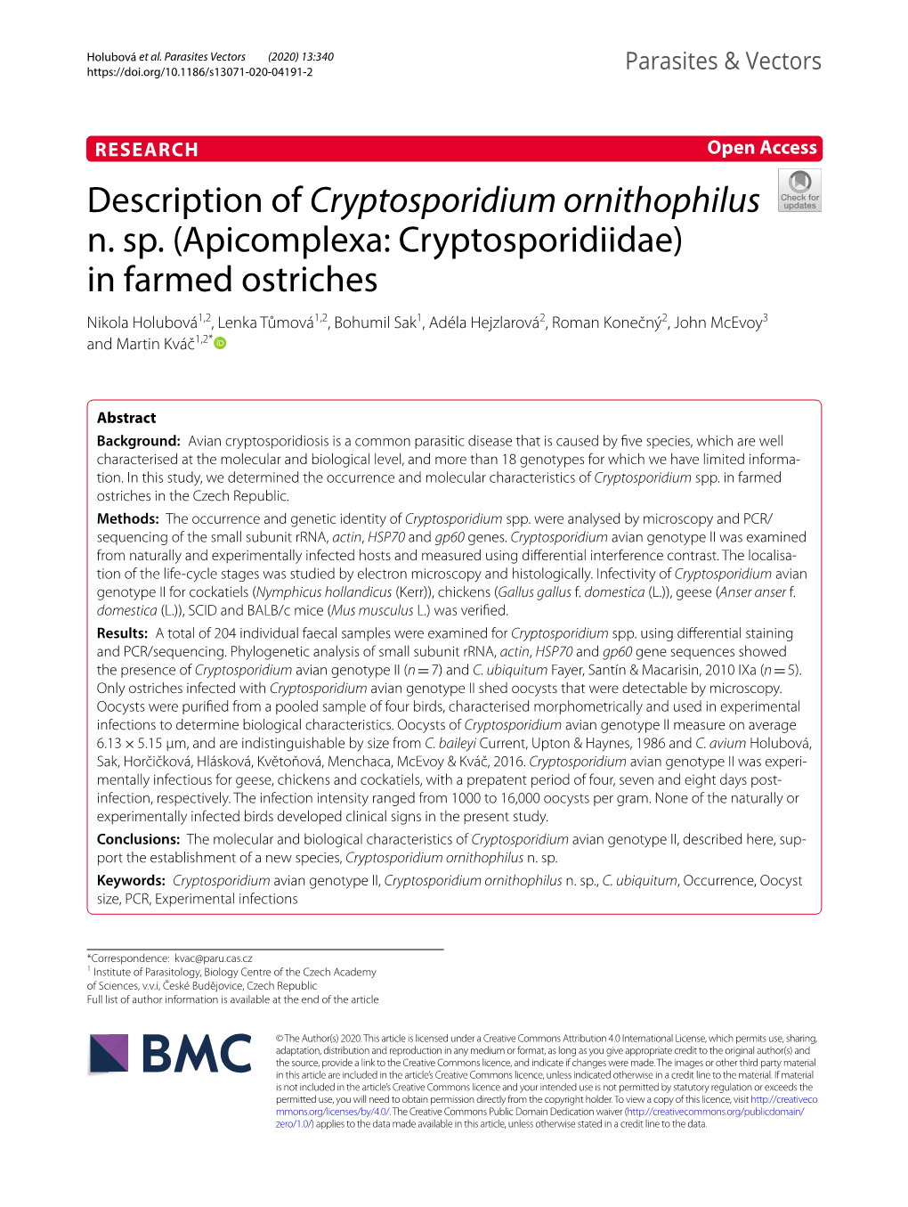 Description of Cryptosporidium Ornithophilus N. Sp.(Apicomplexa