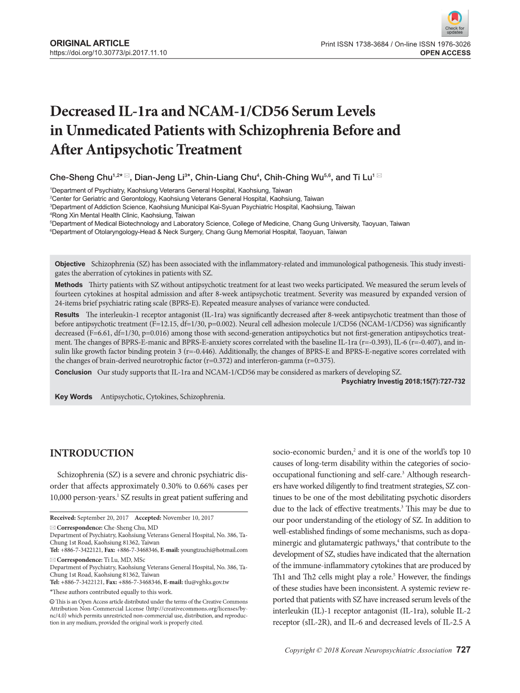 Decreased IL-1Ra and NCAM-1/CD56 Serum Levels in Unmedicated Patients with Schizophrenia Before and After Antipsychotic Treatment