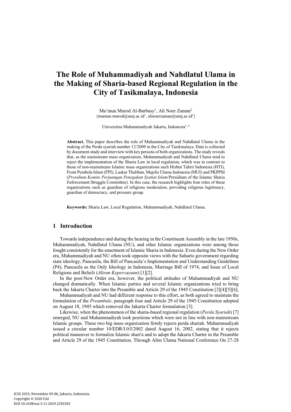 The Role of Muhammadiyah and Nahdlatul Ulama in the Making of Sharia-Based Regional Regulation in the City of Tasikmalaya, Indonesia