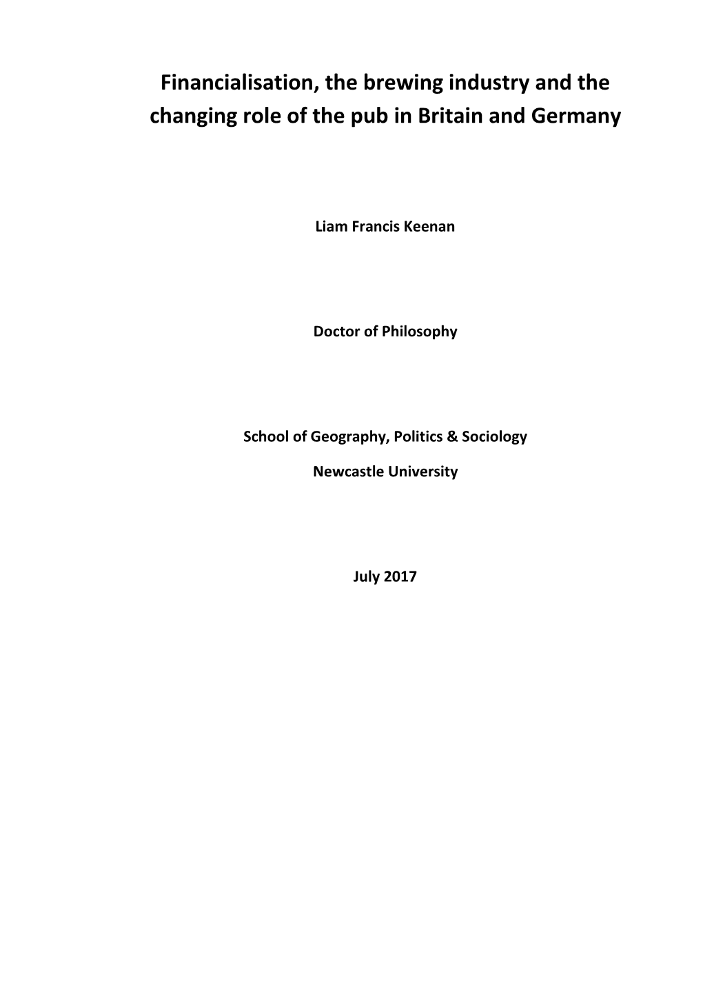 Financialisation, the Brewing Industry and the Changing Role of the Pub in Britain and Germany