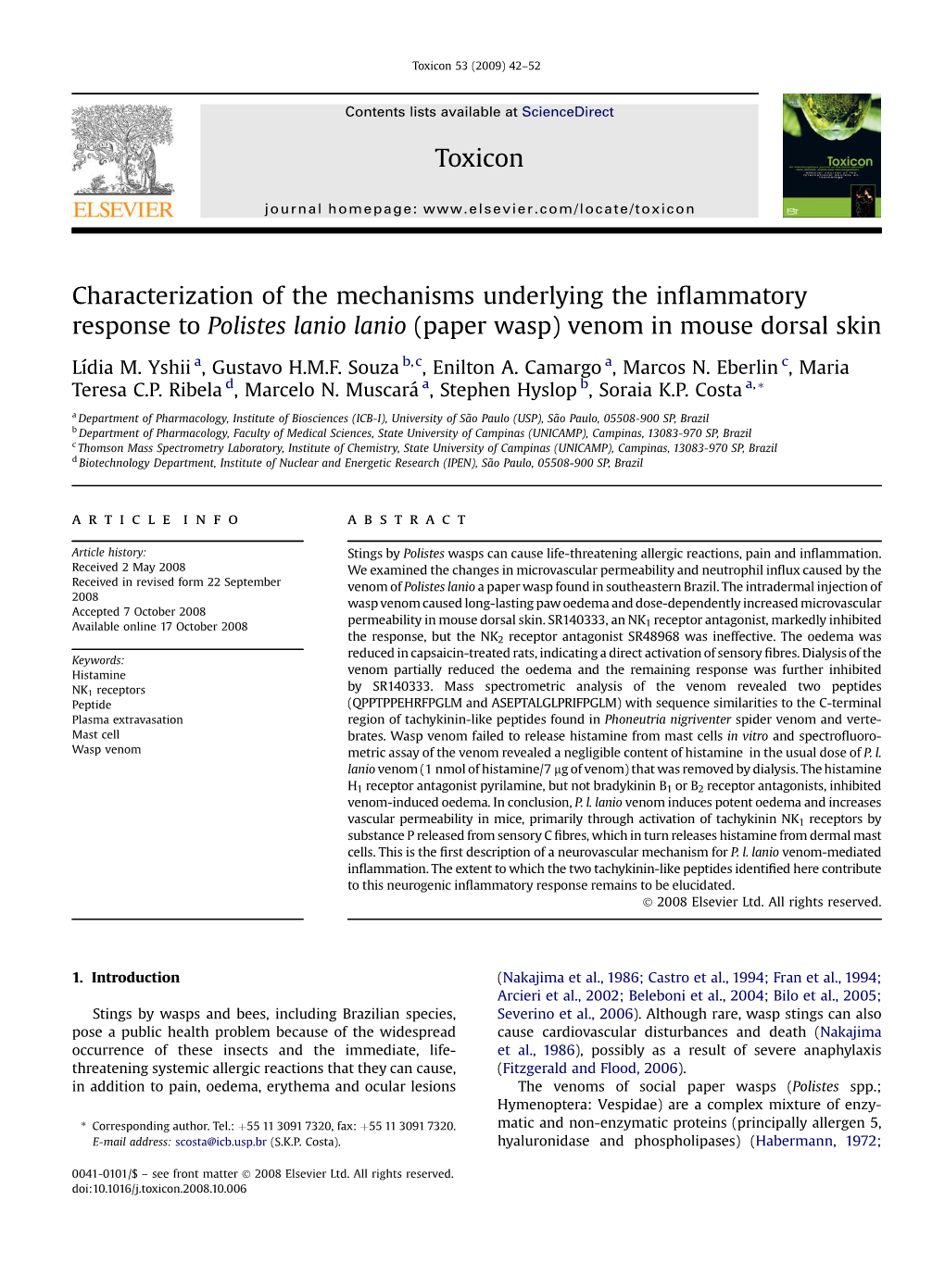 Characterization of the Mechanisms Underlying the Inflammatory Response to Polistes Lanio Lanio (Paper Wasp) Venom in Mouse Dors