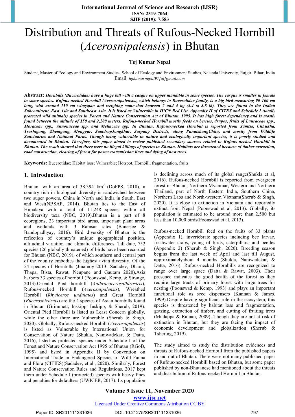 Distribution and Threats of Rufous-Necked Hornbill (Acerosnipalensis) in Bhutan