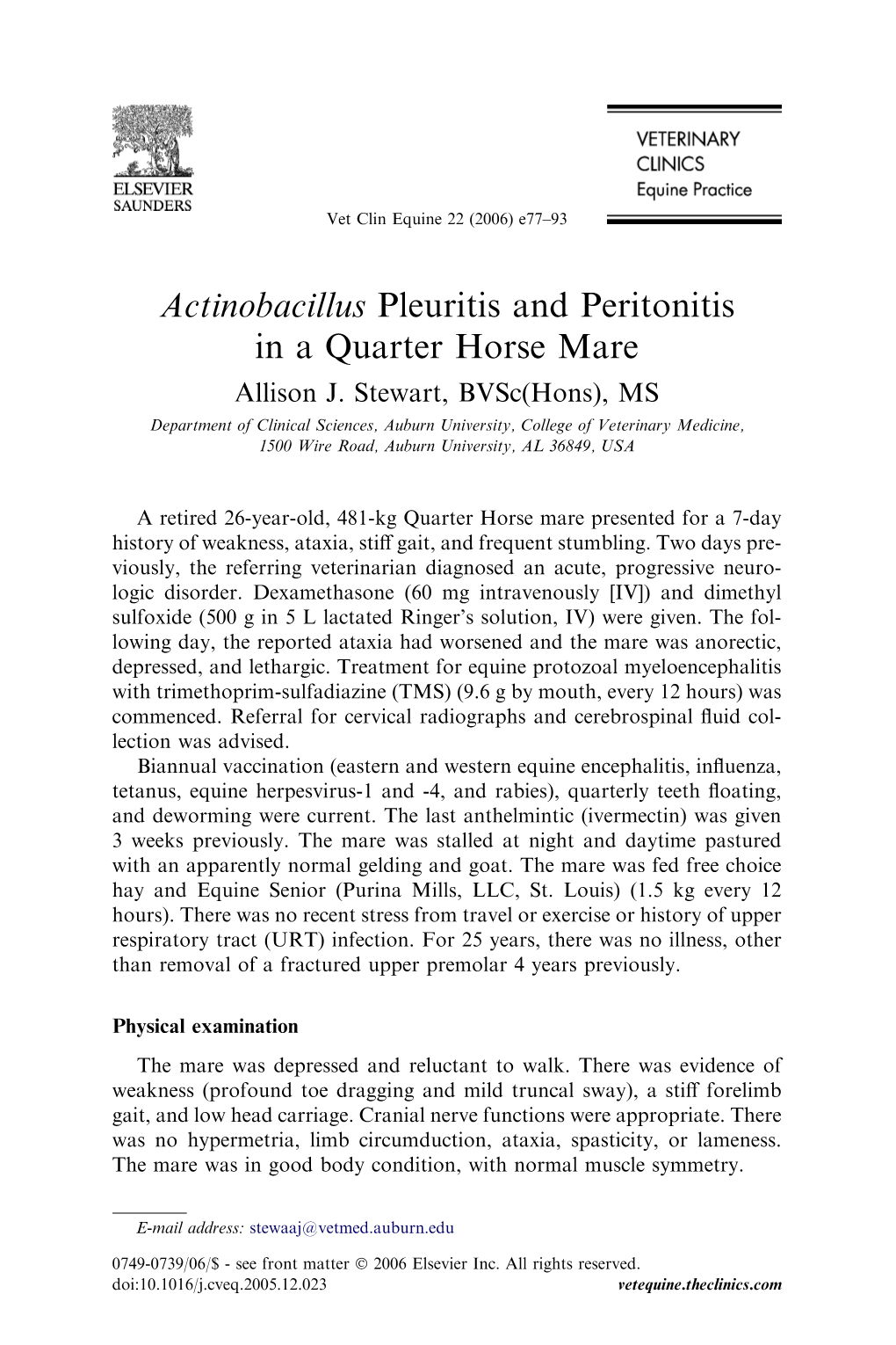 Actinobacillus Pleuritis and Peritonitis in a Quarter Horse Mare Allison J