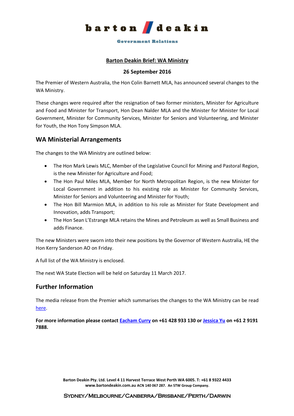 WA Ministerial Arrangements Further Information