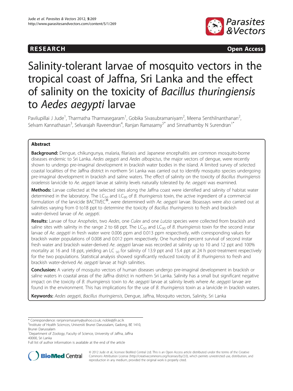 Salinity-Tolerant Larvae of Mosquito Vectors in the Tropical Coast Of