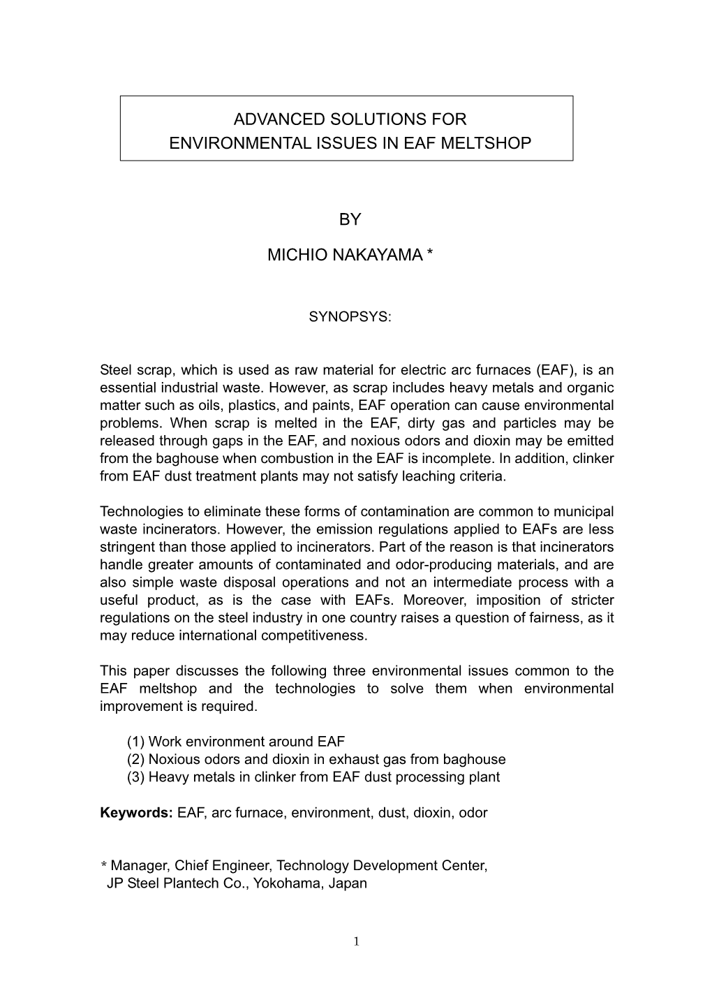 Advanced Solutions for Environmental Issues in Eaf Meltshop by Michio