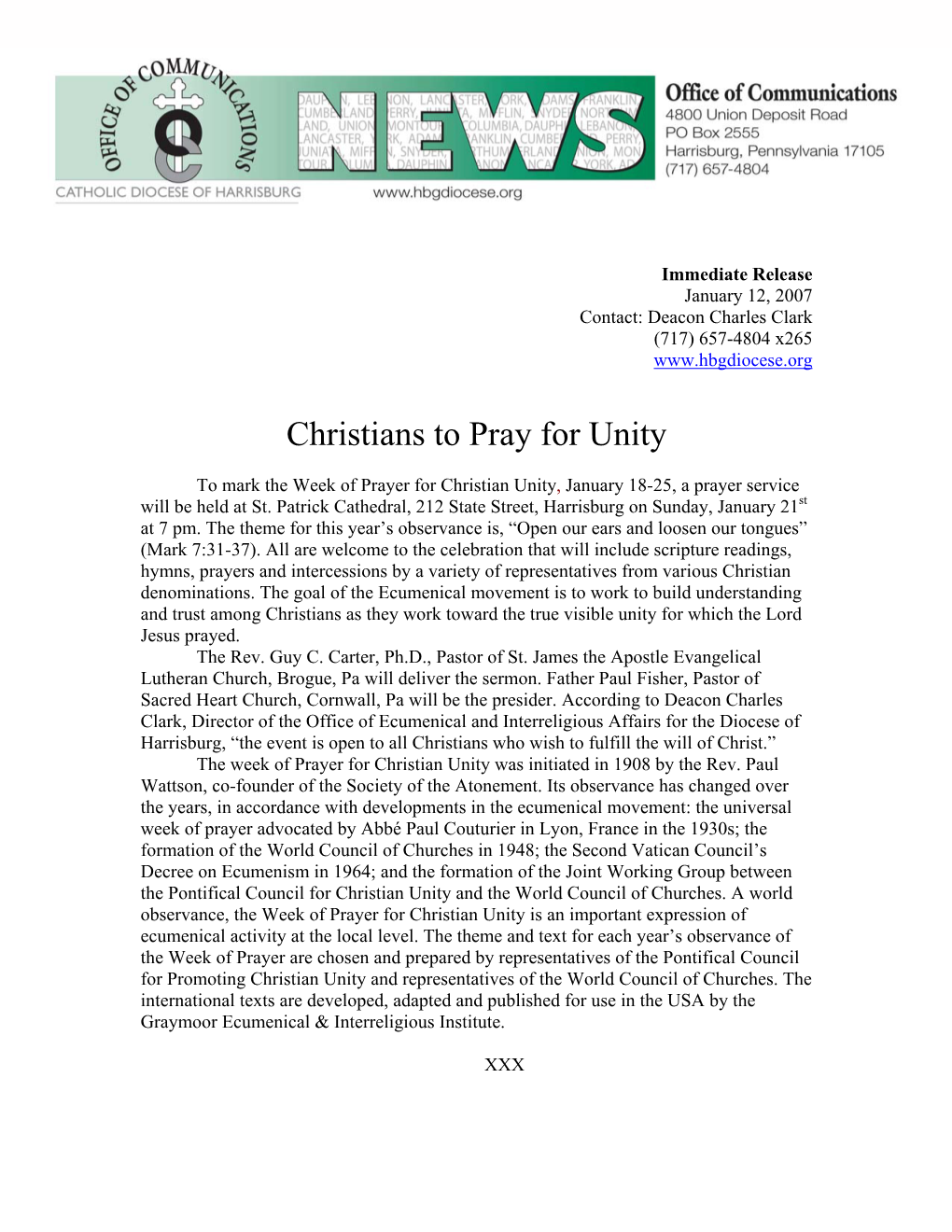 Christians to Pray for Unity