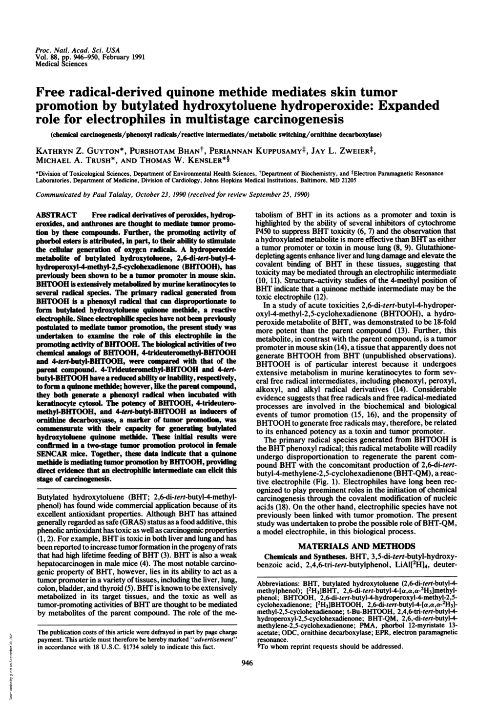 Free Radical-Derived Quinone Methide Mediates Skin Tumor