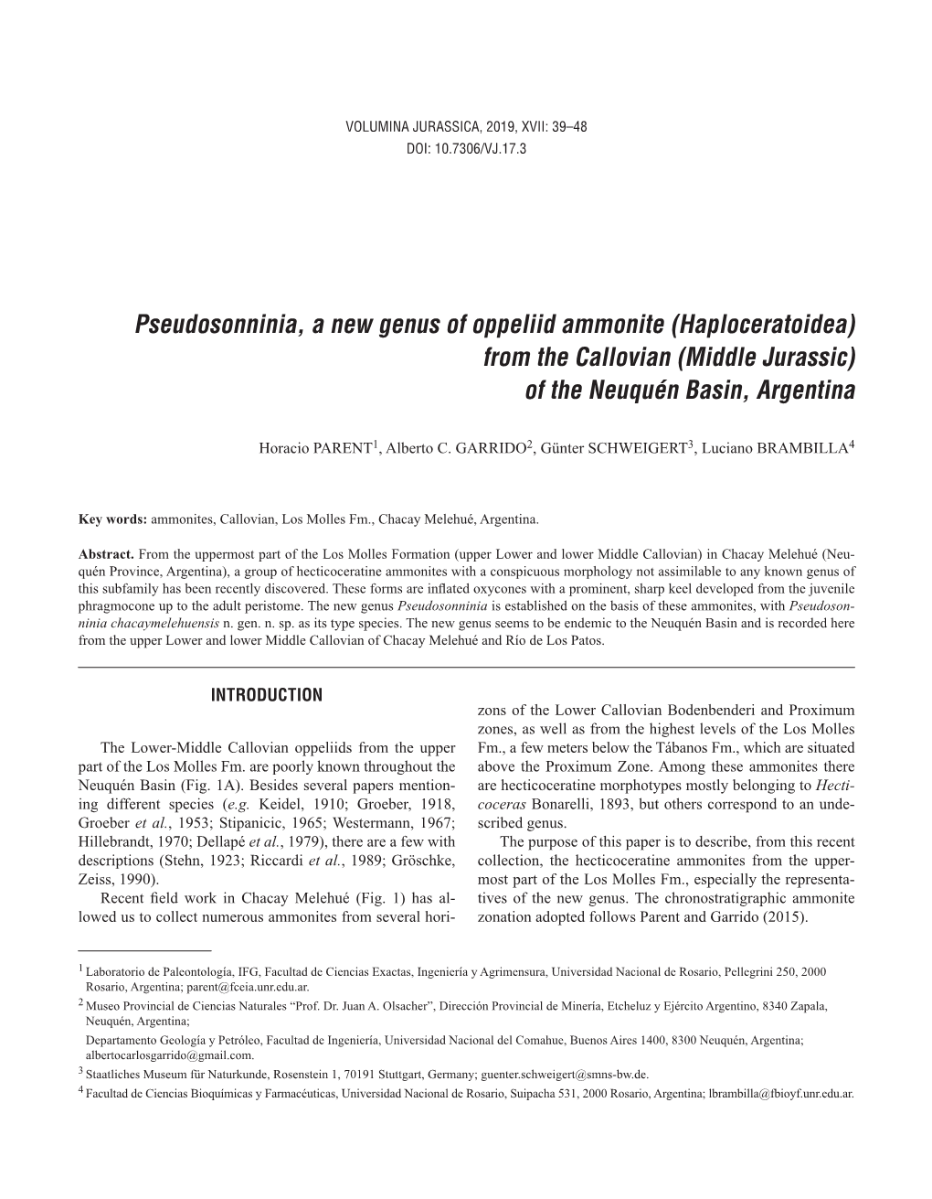 Pseudosonninia, a New Genus of Oppeliid Ammonite (Haploceratoidea) from the Callovian (Middle Jurassic) of the Neuquén Basin, Argentina