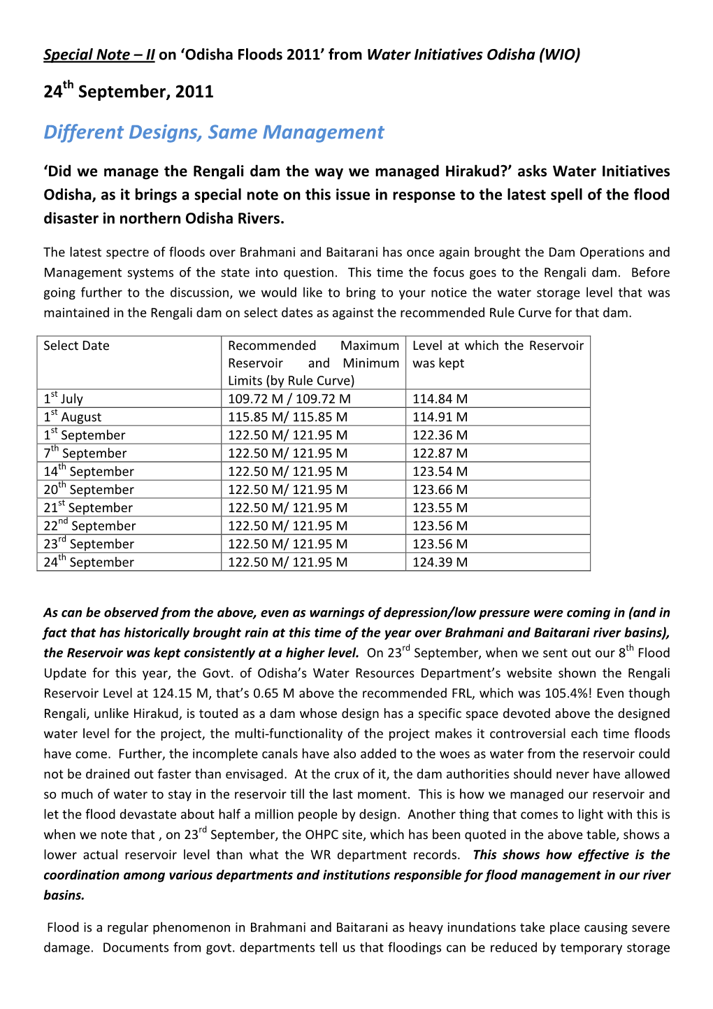 A Note from WIO on the Rengali Dam and Flood Management