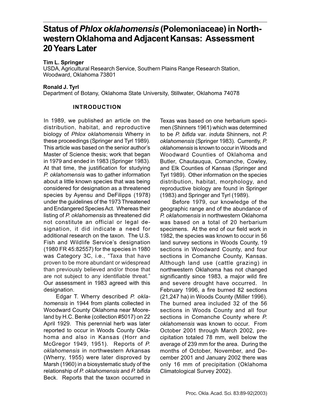 Status of Phlox Oklahomensis (Polemoniaceae) in Northwestern Oklahoma and Adjacent Kansas: Assessment 20 Years Later