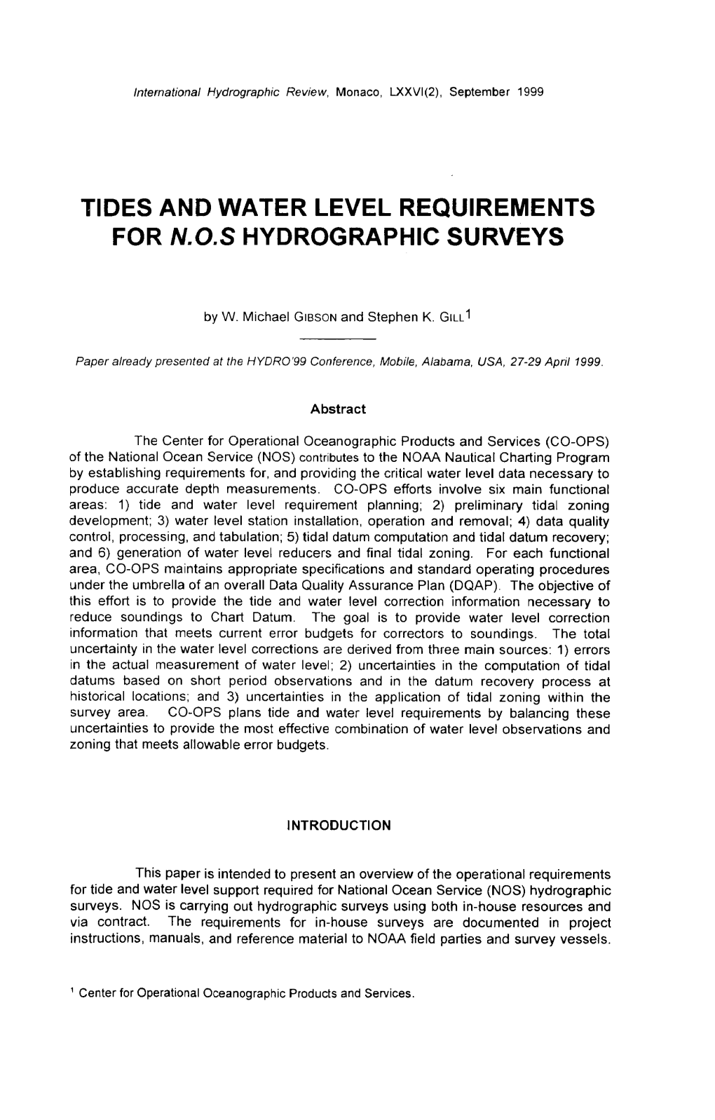 Tides and Water Level Requirements for N.O.S Hydrographic Surveys