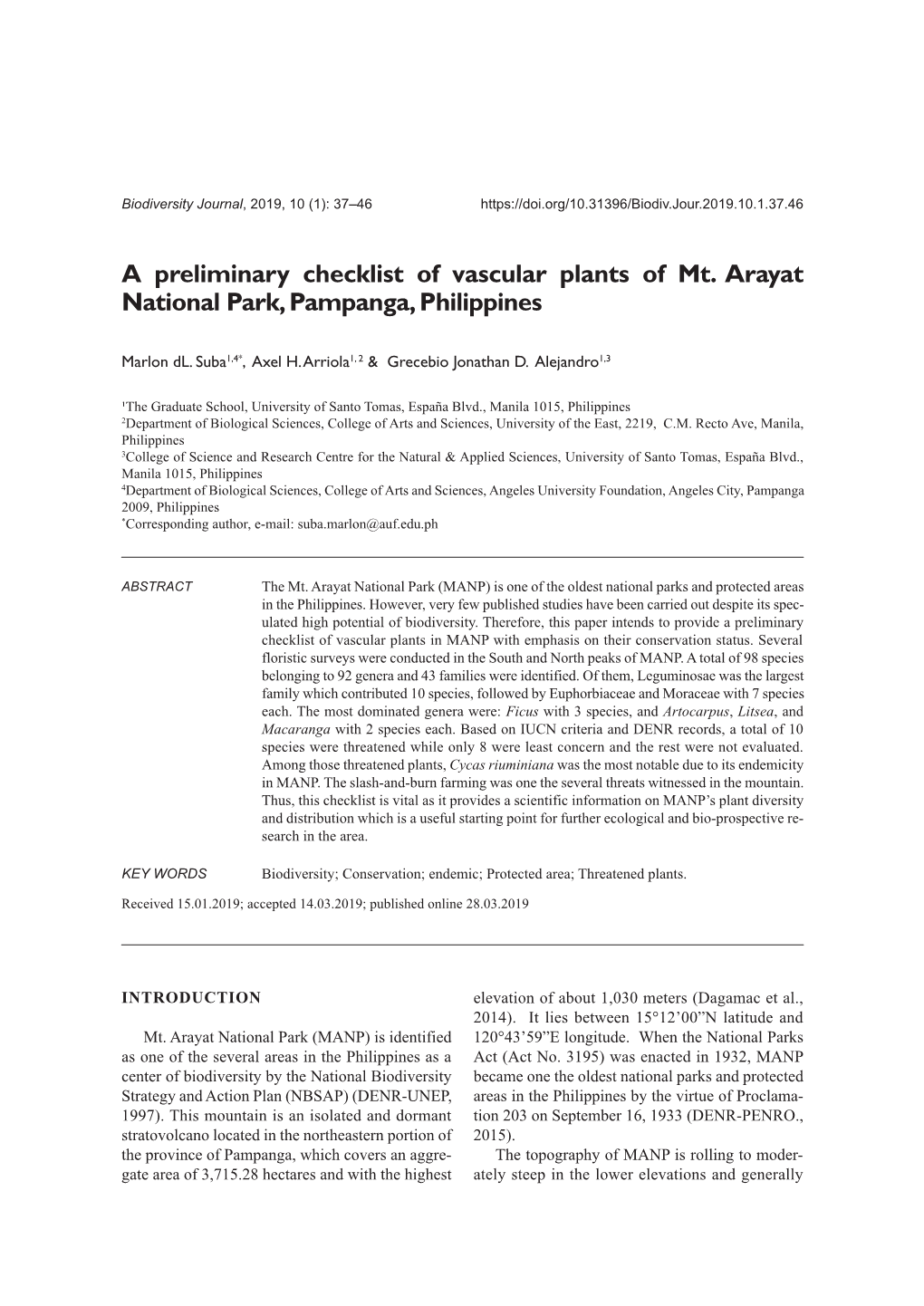 A Preliminary Checklist of Vascular Plants of Mt. Arayat National Park, Pampanga, Philippines