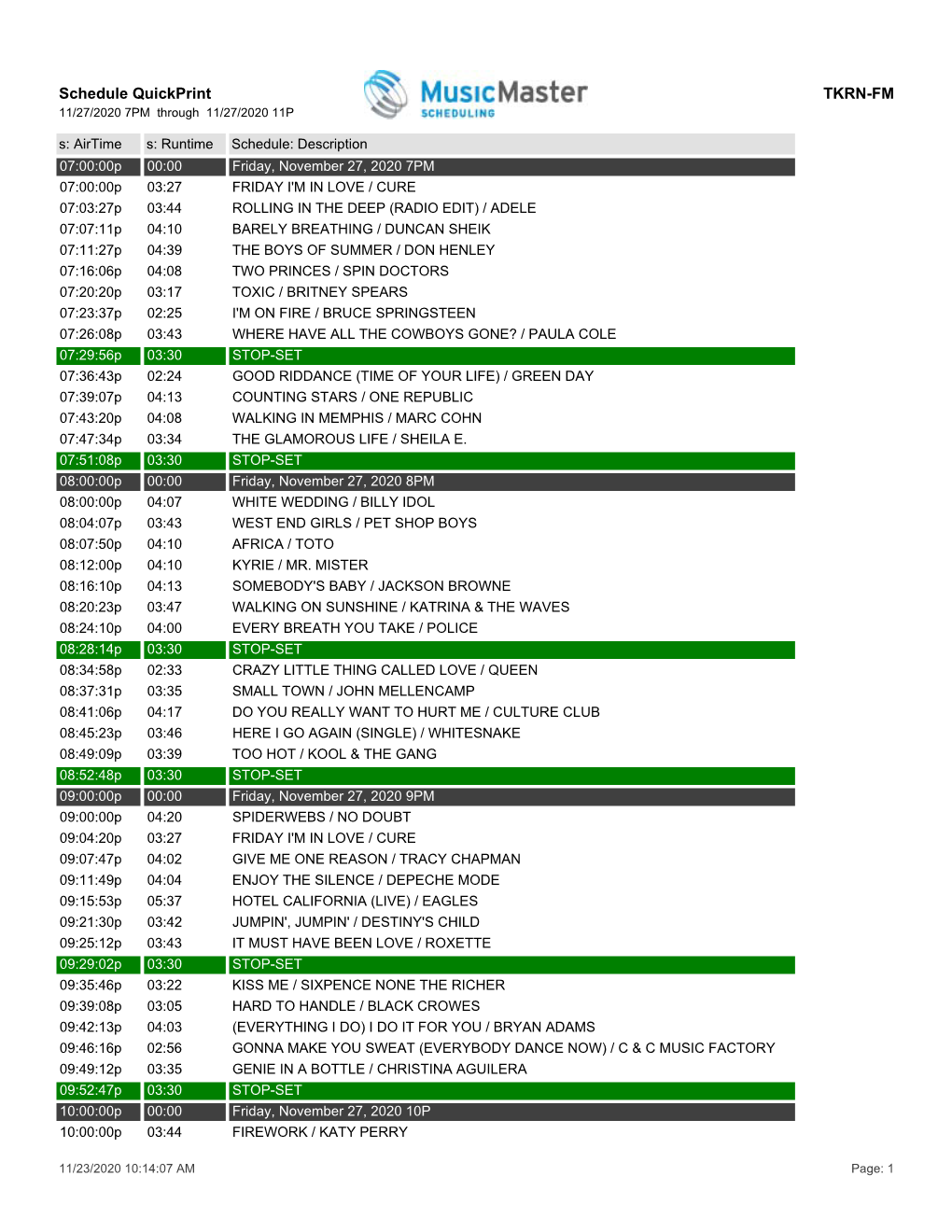 Schedule Quickprint TKRN-FM