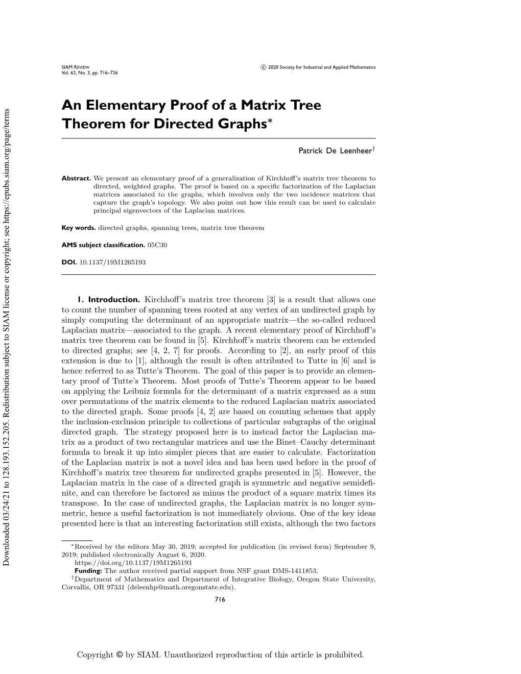 An Elementary Proof of a Matrix Tree Theorem for Directed Graphs