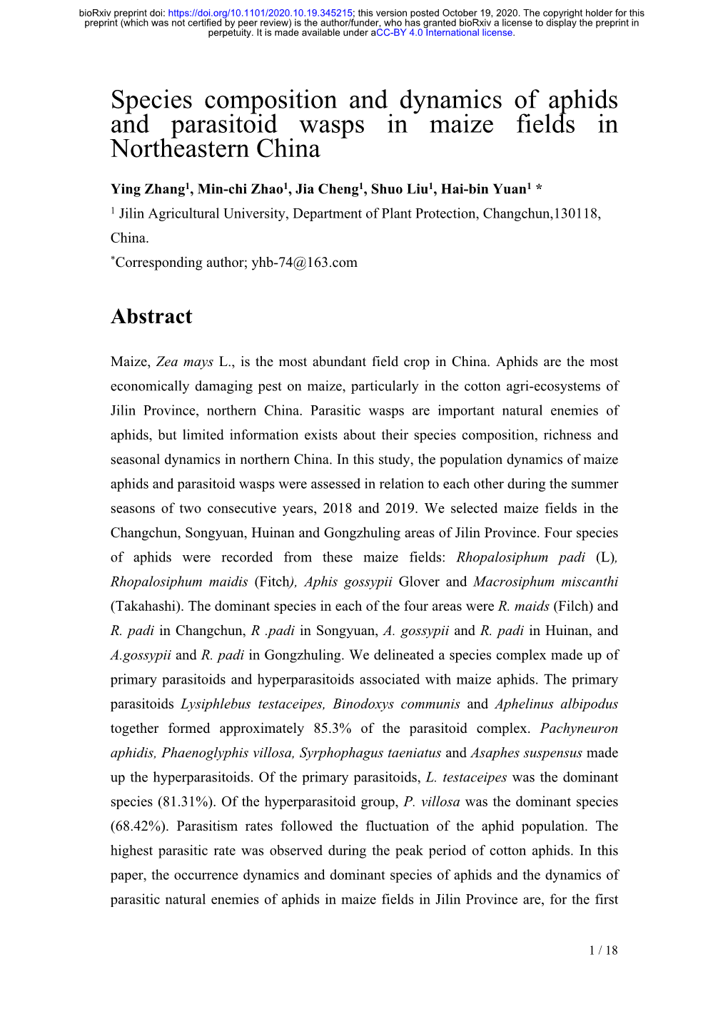 Species Composition and Dynamics of Aphids and Parasitoid Wasps in Maize Fields in Northeastern China