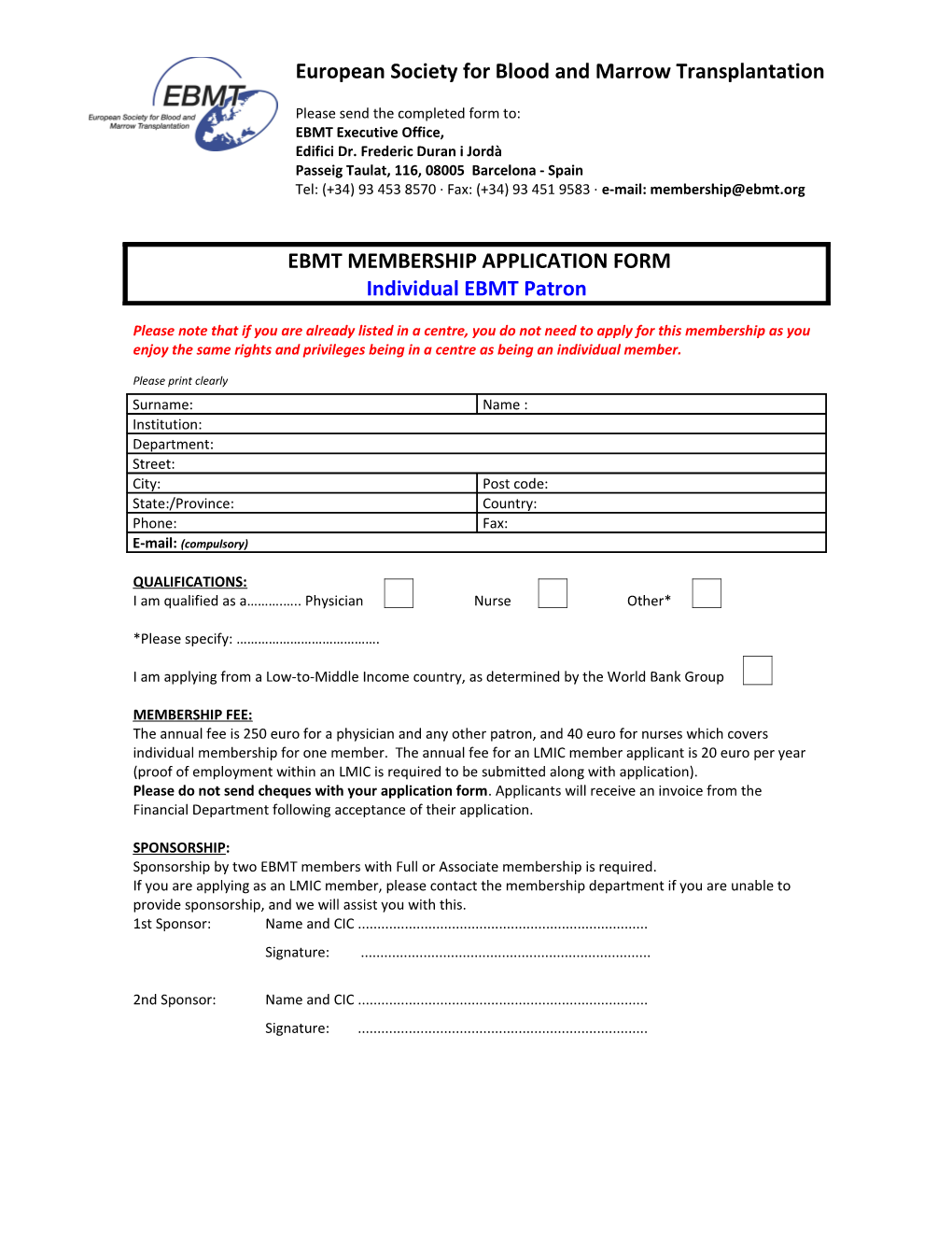 Ebmt Membership Application Form