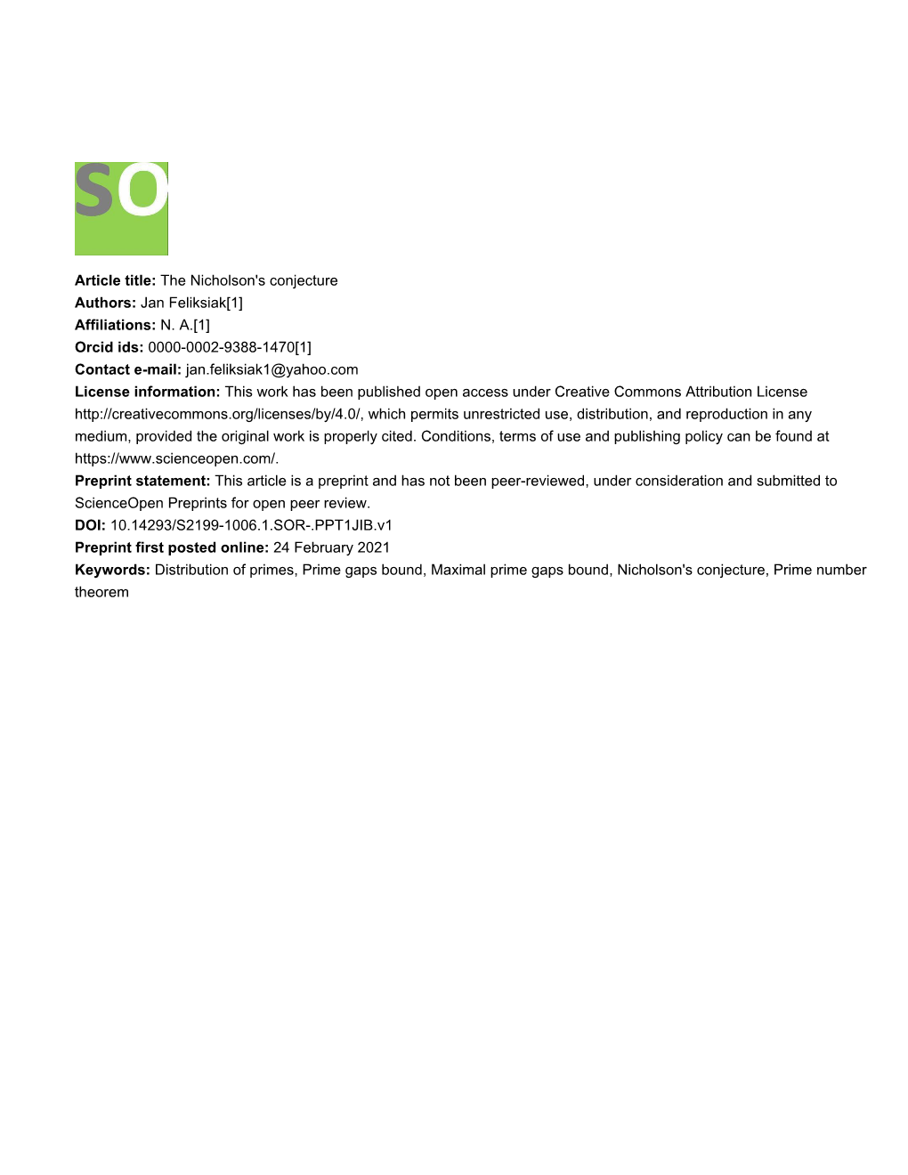 Article Title: the Nicholson's Conjecture Authors: Jan Feliksiak[1] Affiliations: N